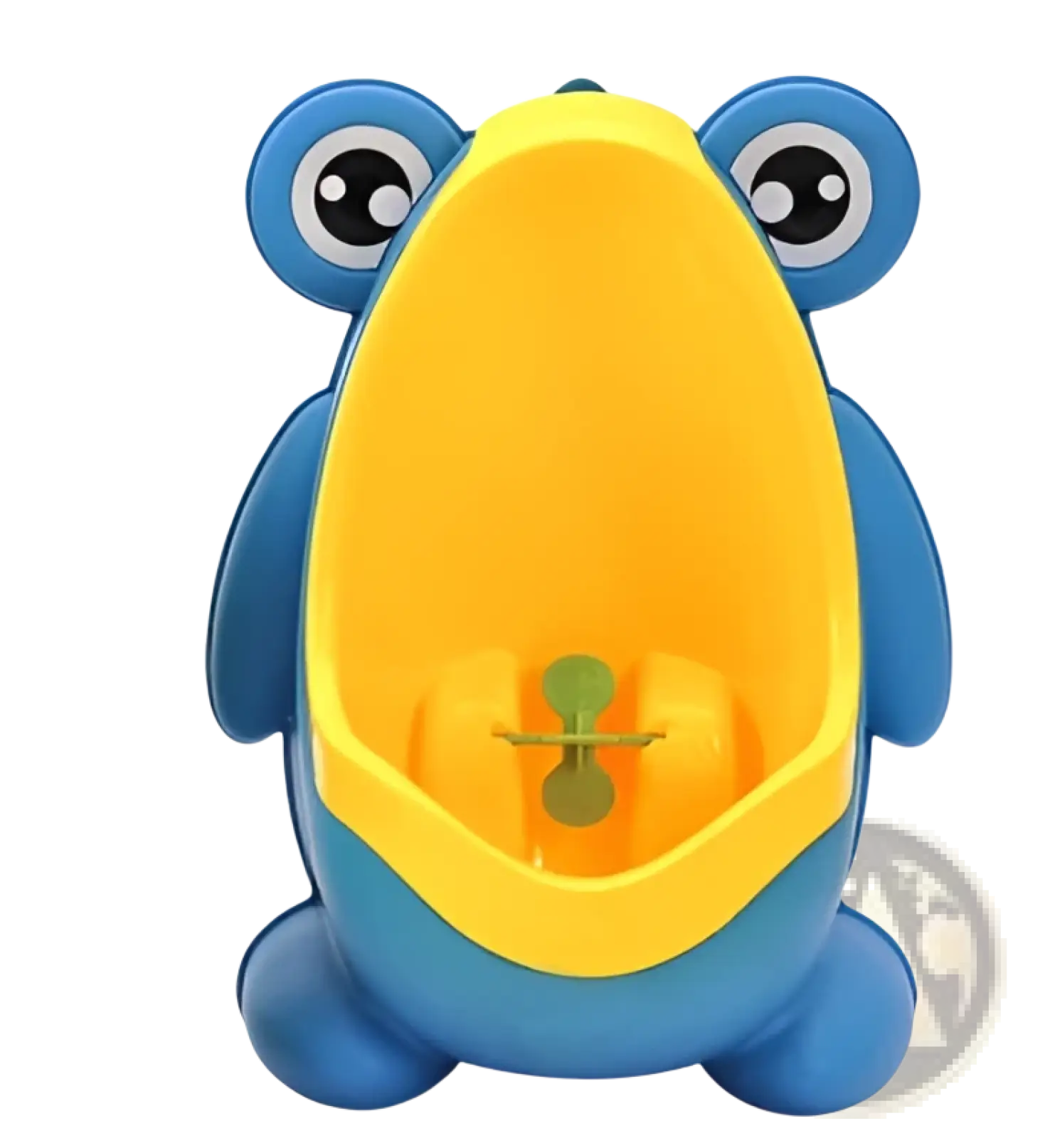 Blue and yellow frog-shaped children’s potty training urinal with rotating windmill and green plastic drain