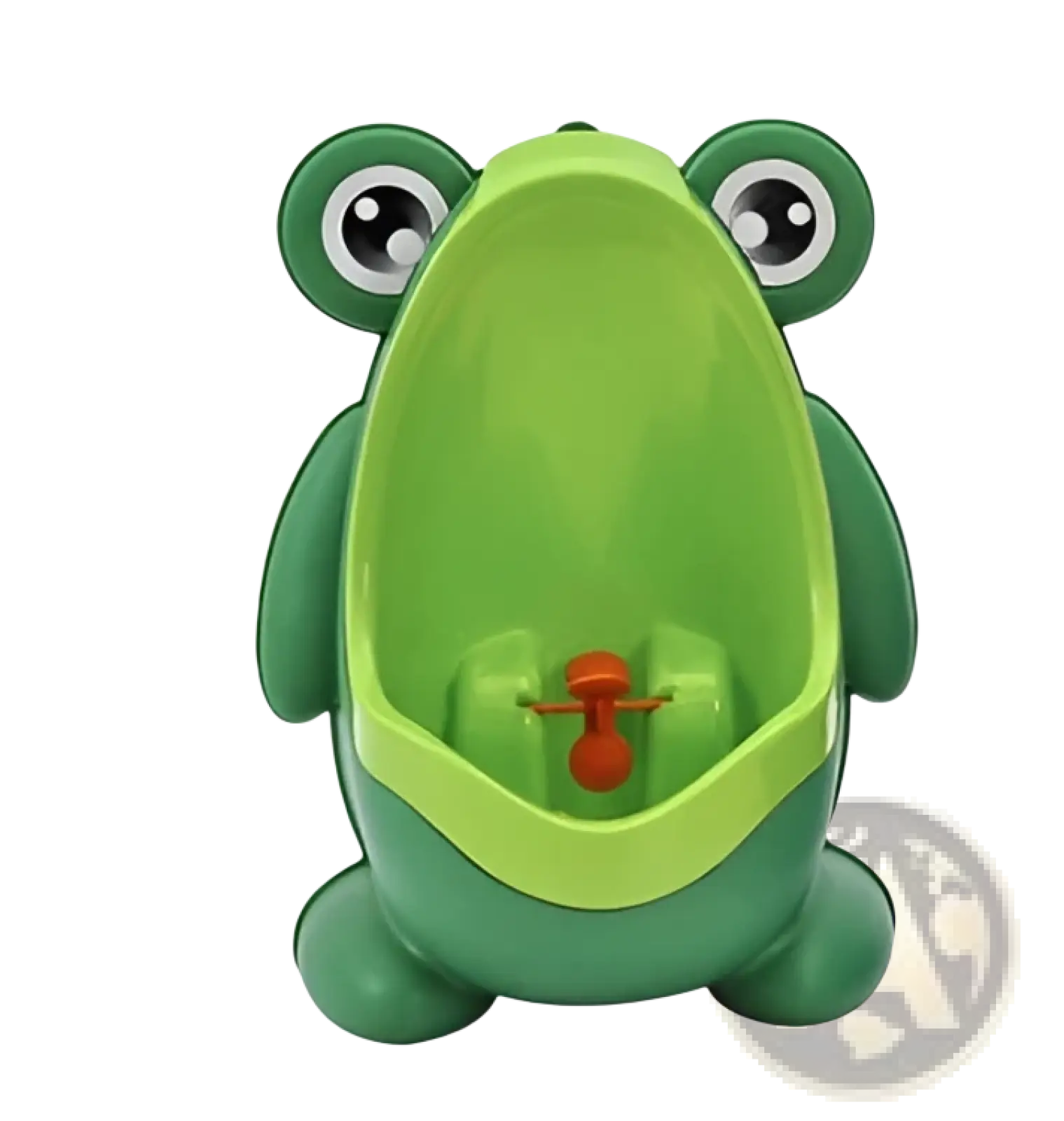Green plastic frog-shaped children’s potty training urinal with large black eyes red flush button and rotating windmill