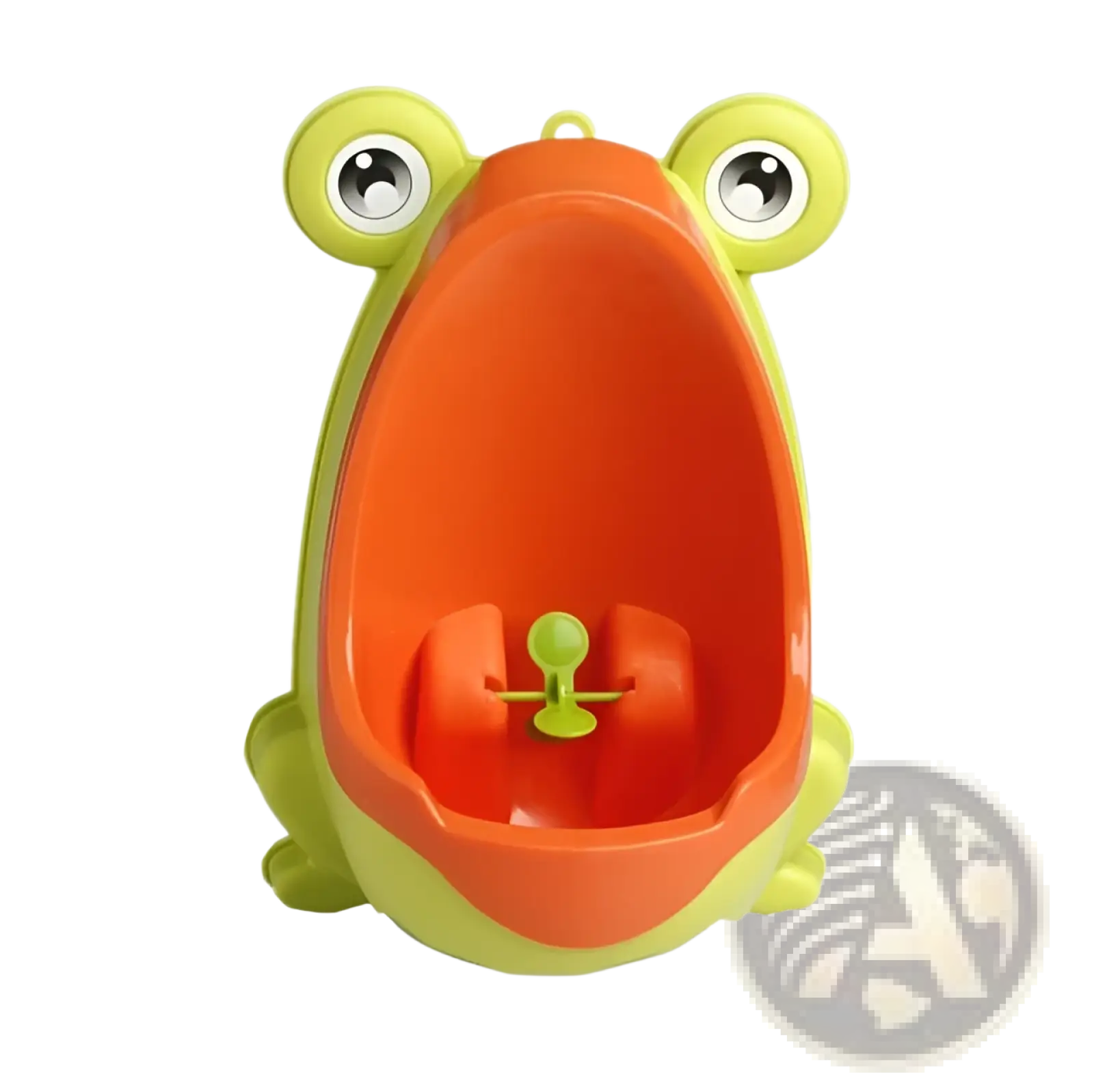 Bright orange and lime green plastic frog potty training urinal with rotating windmill and big cartoon eyes for children