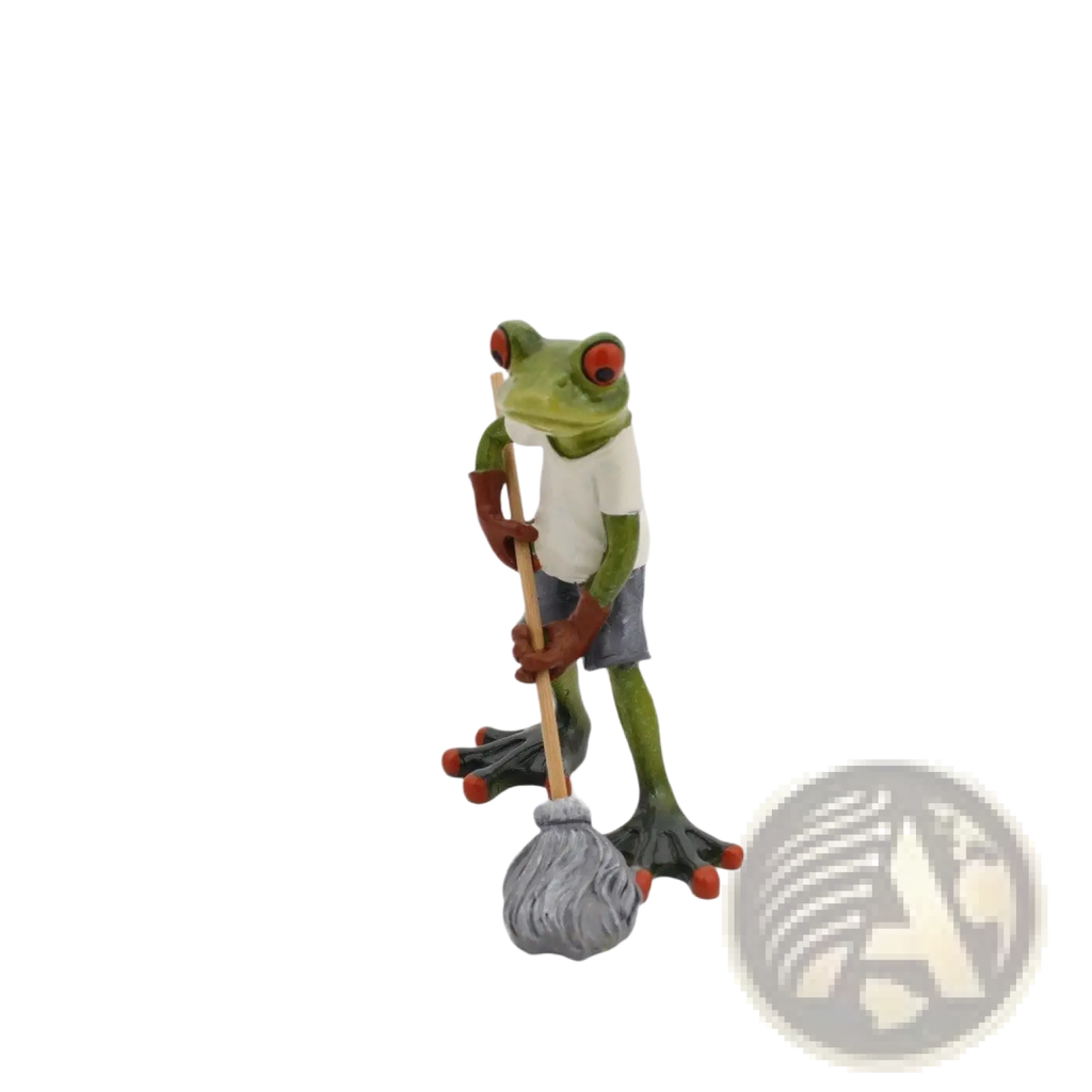 Green frog resin figurine with red eyes wearing white t-shirt and gray shorts holding wooden mop for whimsical decor