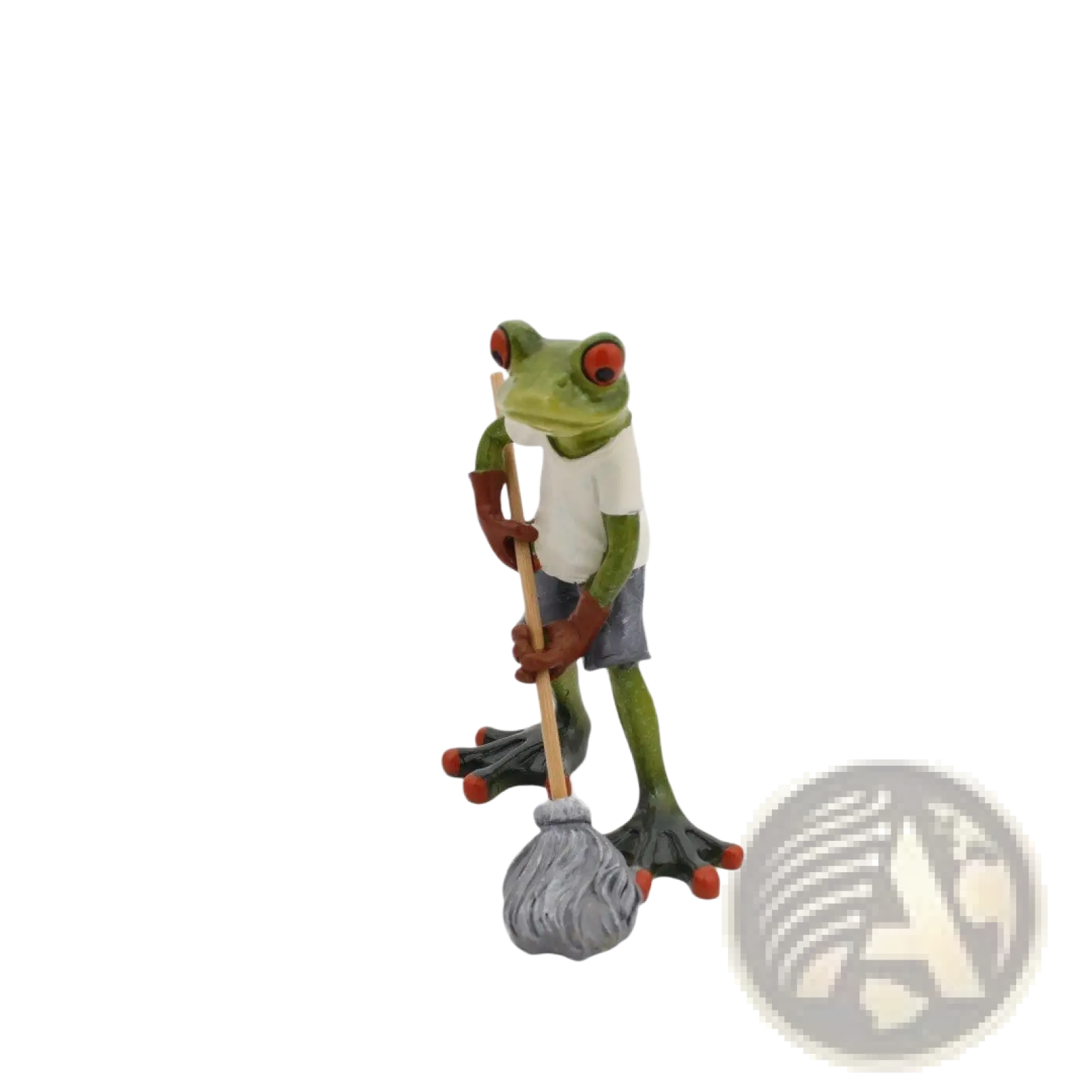 Green frog resin figurine with red eyes wearing white t-shirt and gray shorts holding wooden mop for whimsical decor