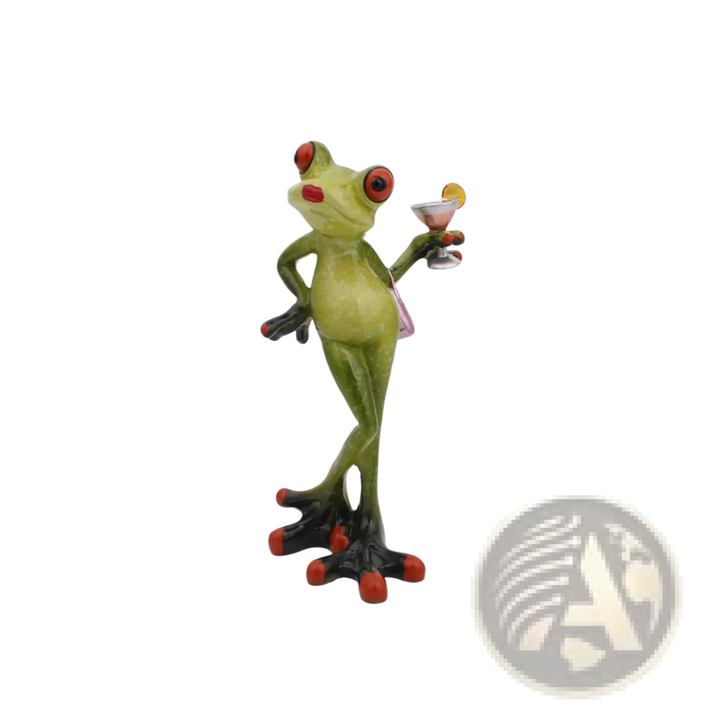 Green frog resin figurine with red eyes and toes holding a cocktail glass whimsical home decor statue