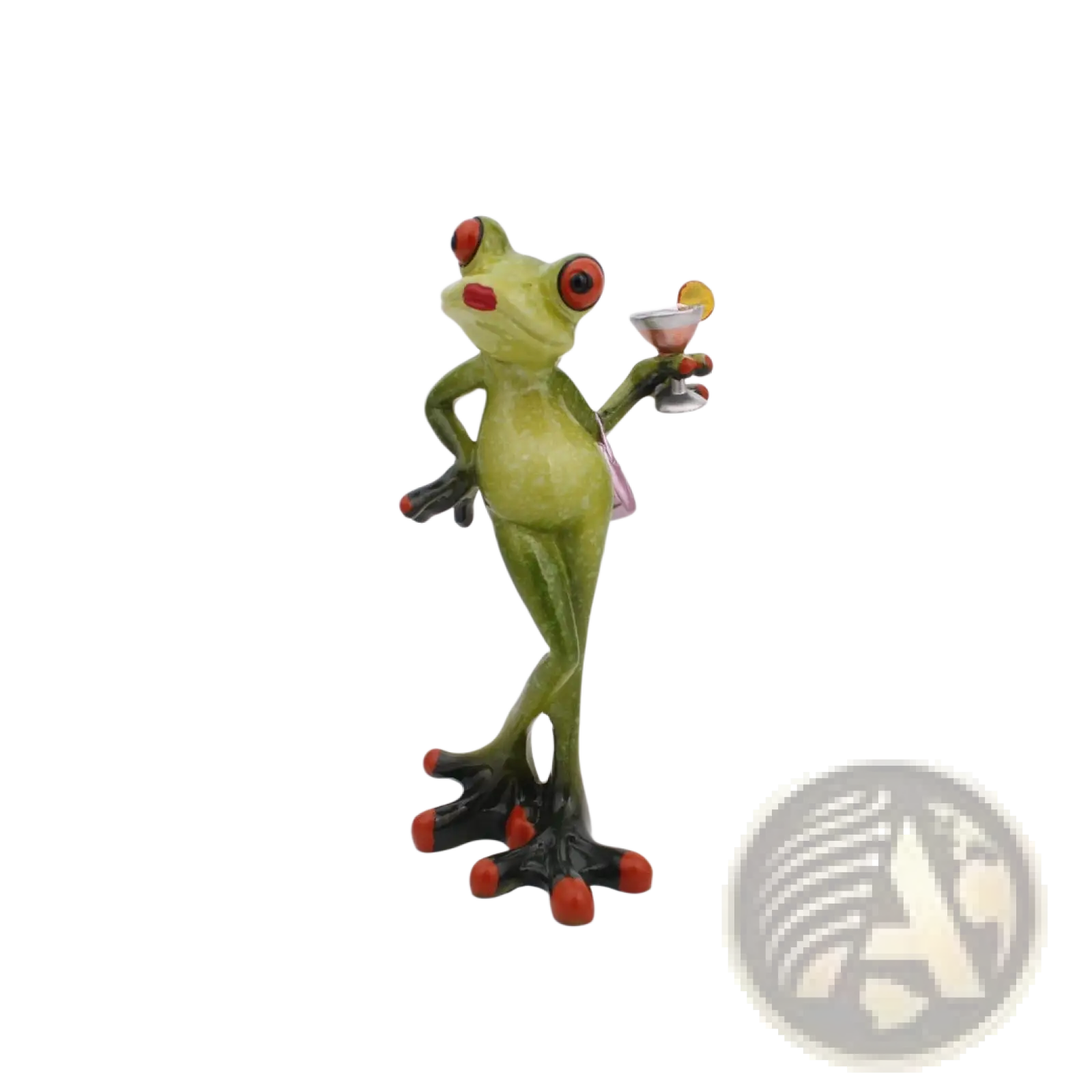 Green frog resin figurine with red eyes and toes holding a cocktail glass whimsical home decor statue