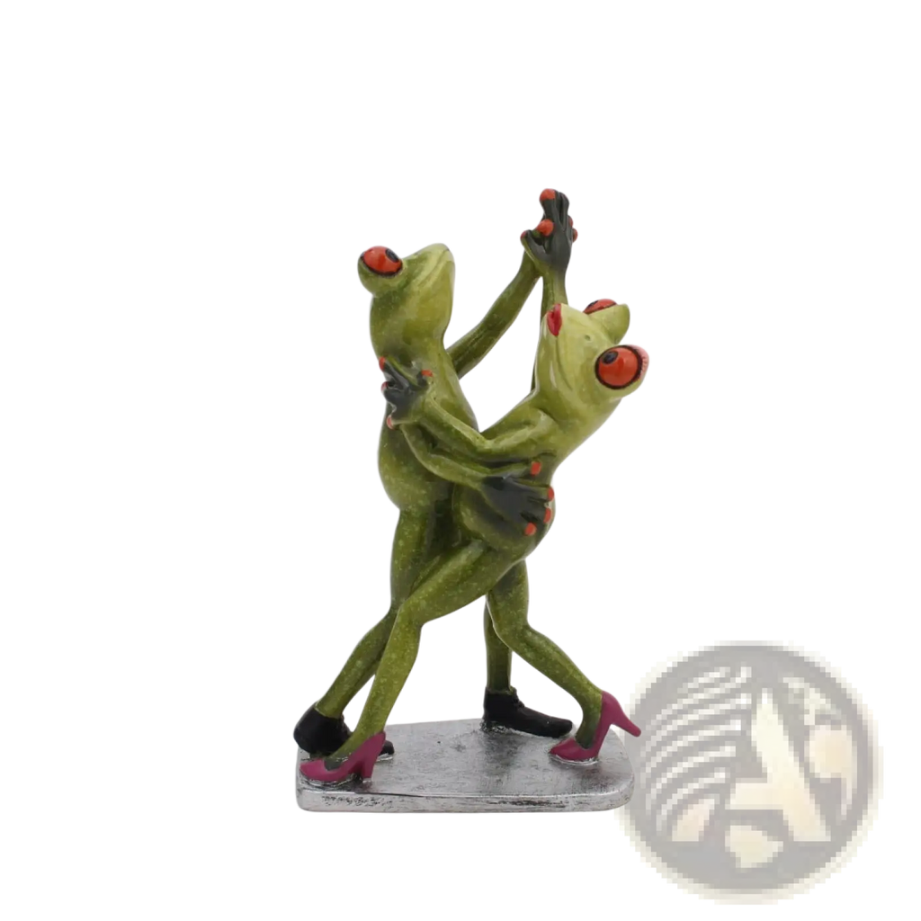 Green resin frog figurine of two frogs dancing tango with black shoes and pink high heels whimsical home decor statue