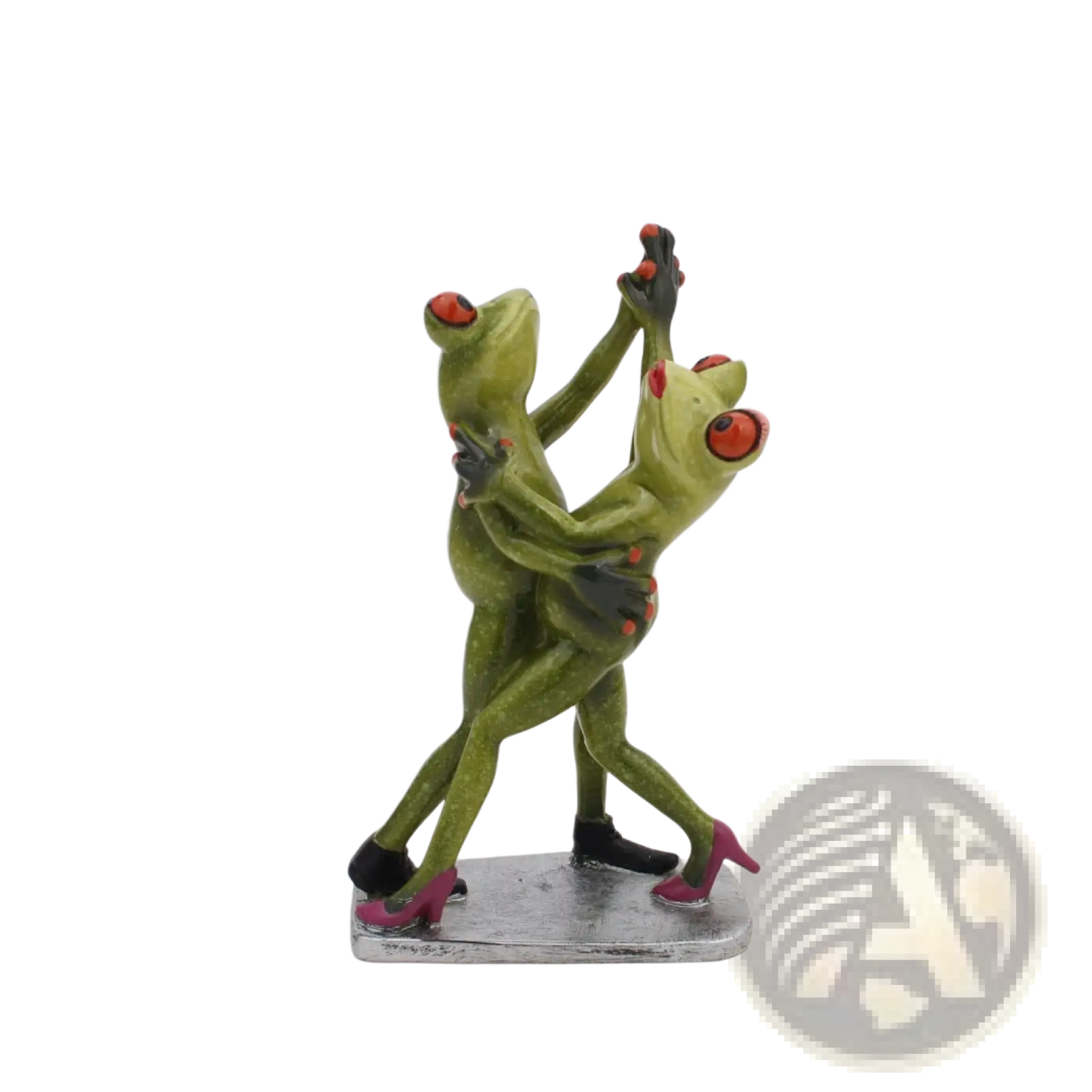 Green resin frog figurine of two frogs dancing tango with black shoes and pink high heels whimsical home decor statue