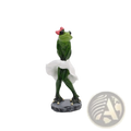 Green frog resin figurine with pink bow and white skirt on gray base for whimsical home decor statues