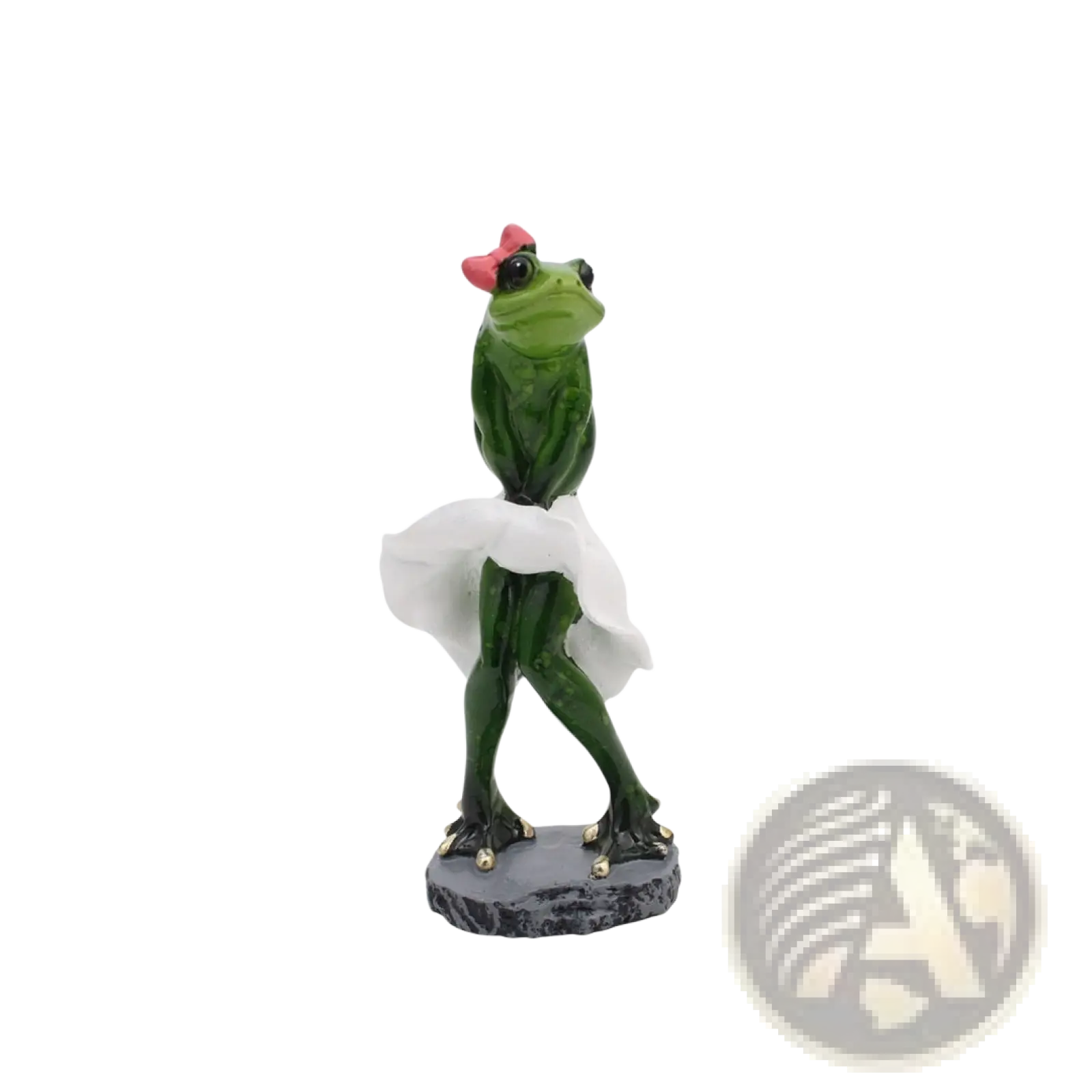 Green frog resin figurine with pink bow and white skirt on gray base for whimsical home decor statues