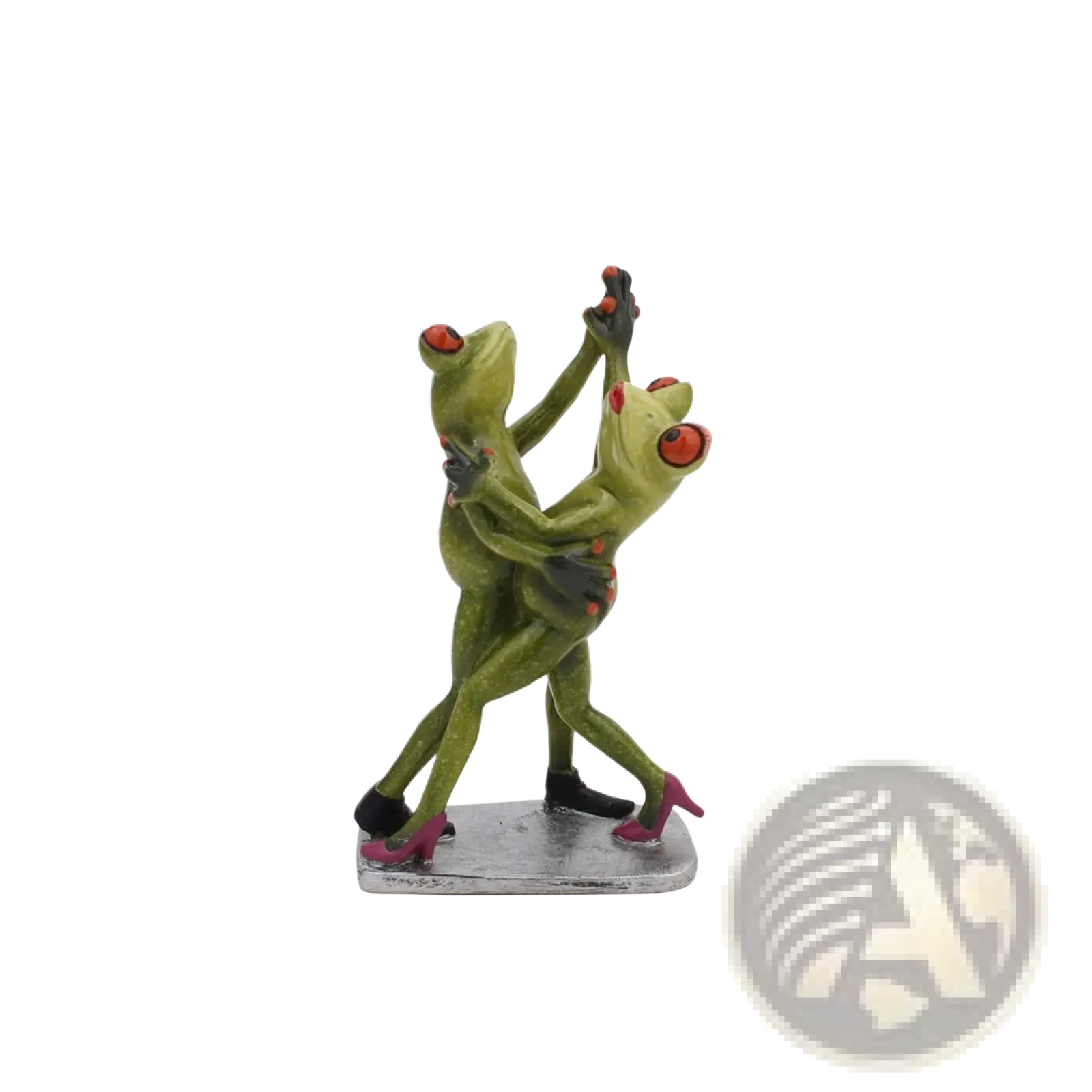 Green resin frog figurine pair dancing in romantic pose wearing black and pink high-heeled shoes whimsical decor