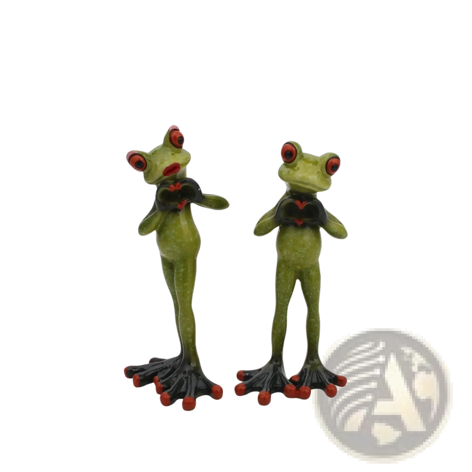 Two green resin frog figurines with red eyes and black feet holding heart-shaped objects for whimsical home decor