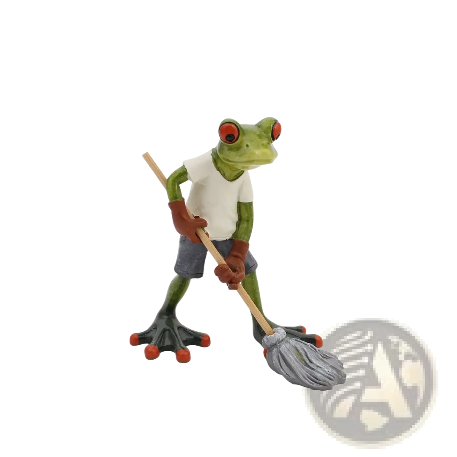 Green frog resin figurine wearing white t-shirt and gray shorts holding wooden-handled mop for whimsical home decor
