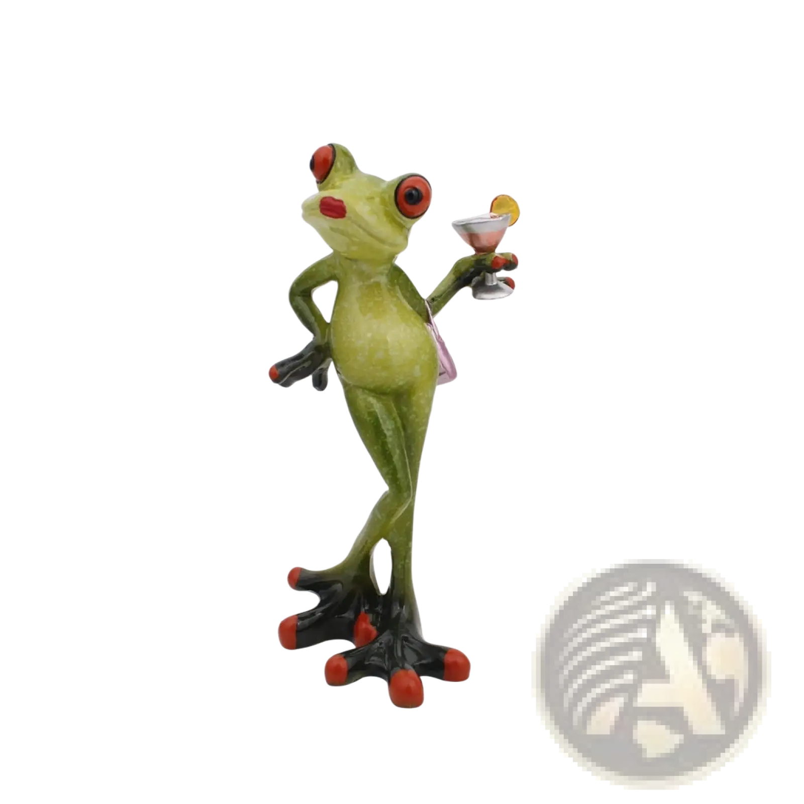 Green frog resin figurine with red eyes and toes holding a cocktail glass for whimsical home decor statues