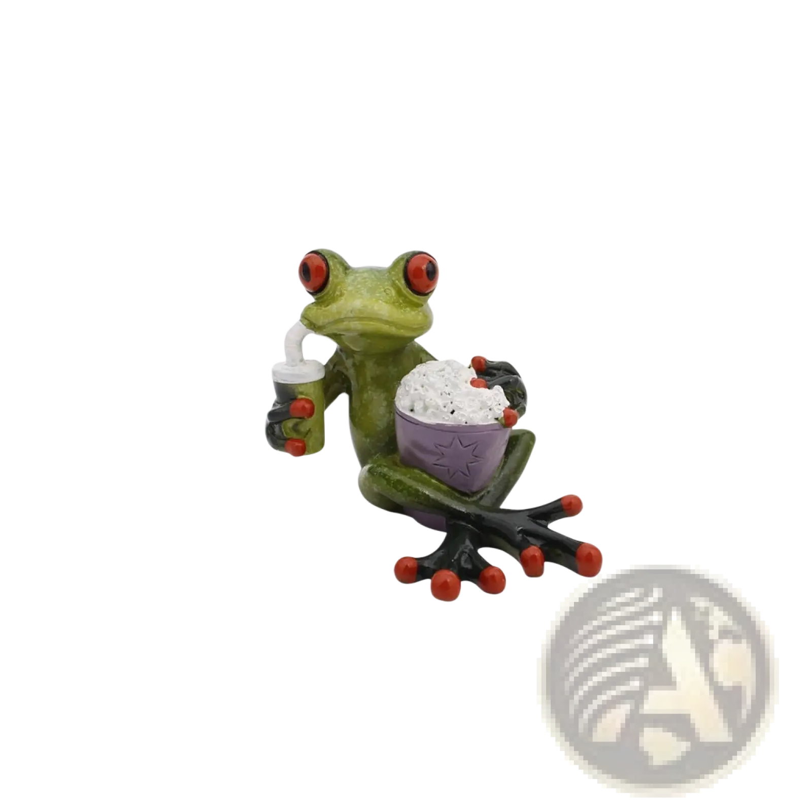 Green frog resin figurine with red eyes and black limbs holding a drink cup and popcorn bowl for whimsical home decor