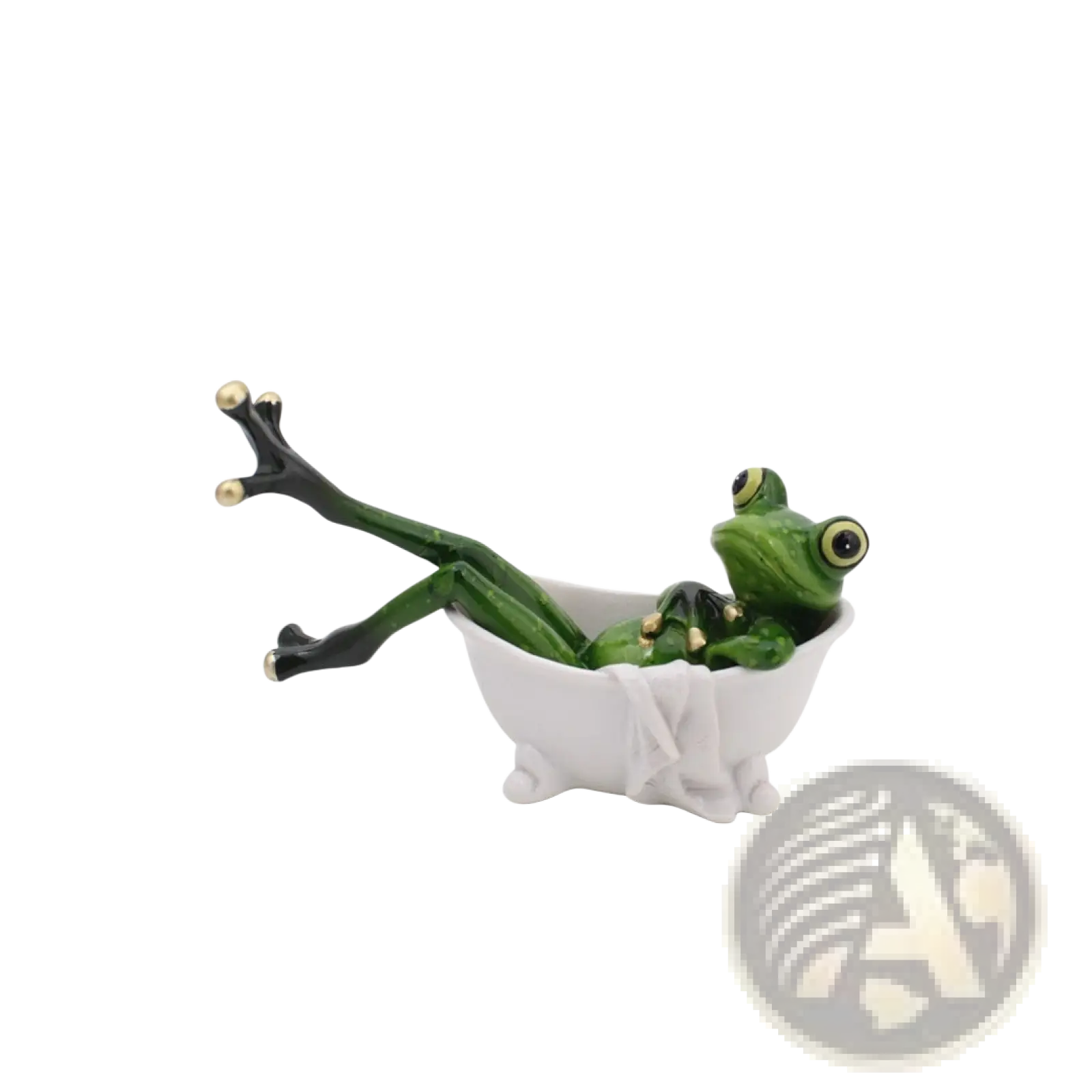 Green frog resin figurine with gold-tipped toes and eyes lounging in a miniature white bathtub for home decor