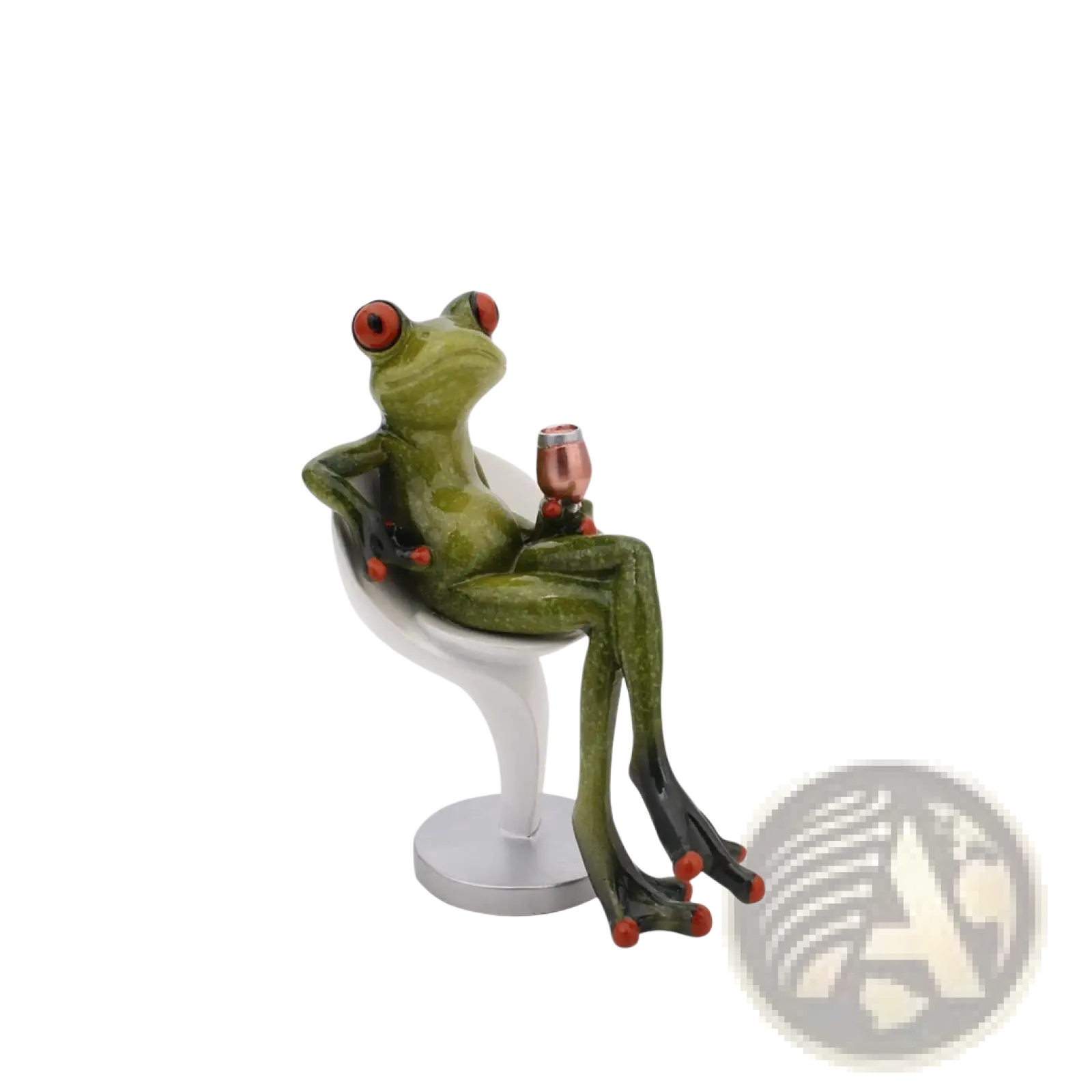 Green frog resin figurine with red eyes and toes sitting on white bar stool holding copper wine glass whimsical decor