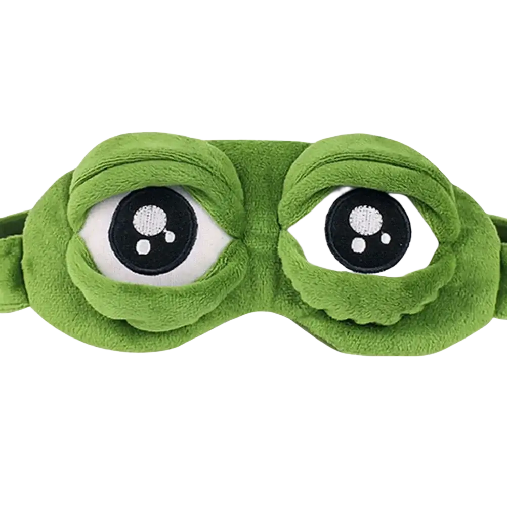 Green plush frog sleep mask finished goods featuring oversized embroidered eyes with black pupils and white sclera