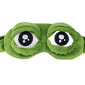 Green plush frog sleep mask finished goods featuring oversized embroidered pepe meme eyes with black pupils and white sclera