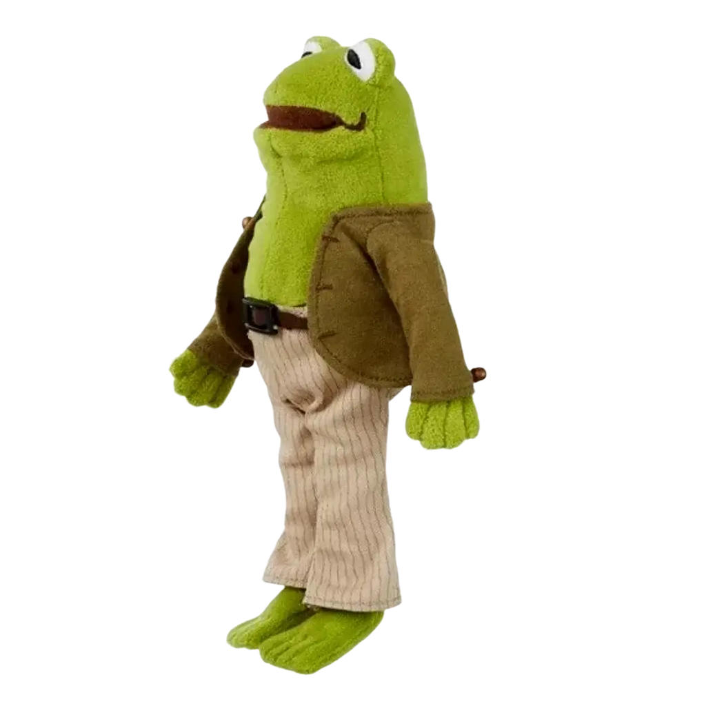 Green plush frog figurine dressed in brown jacket and beige pinstripe pants soft pillow toy for comfort and decor