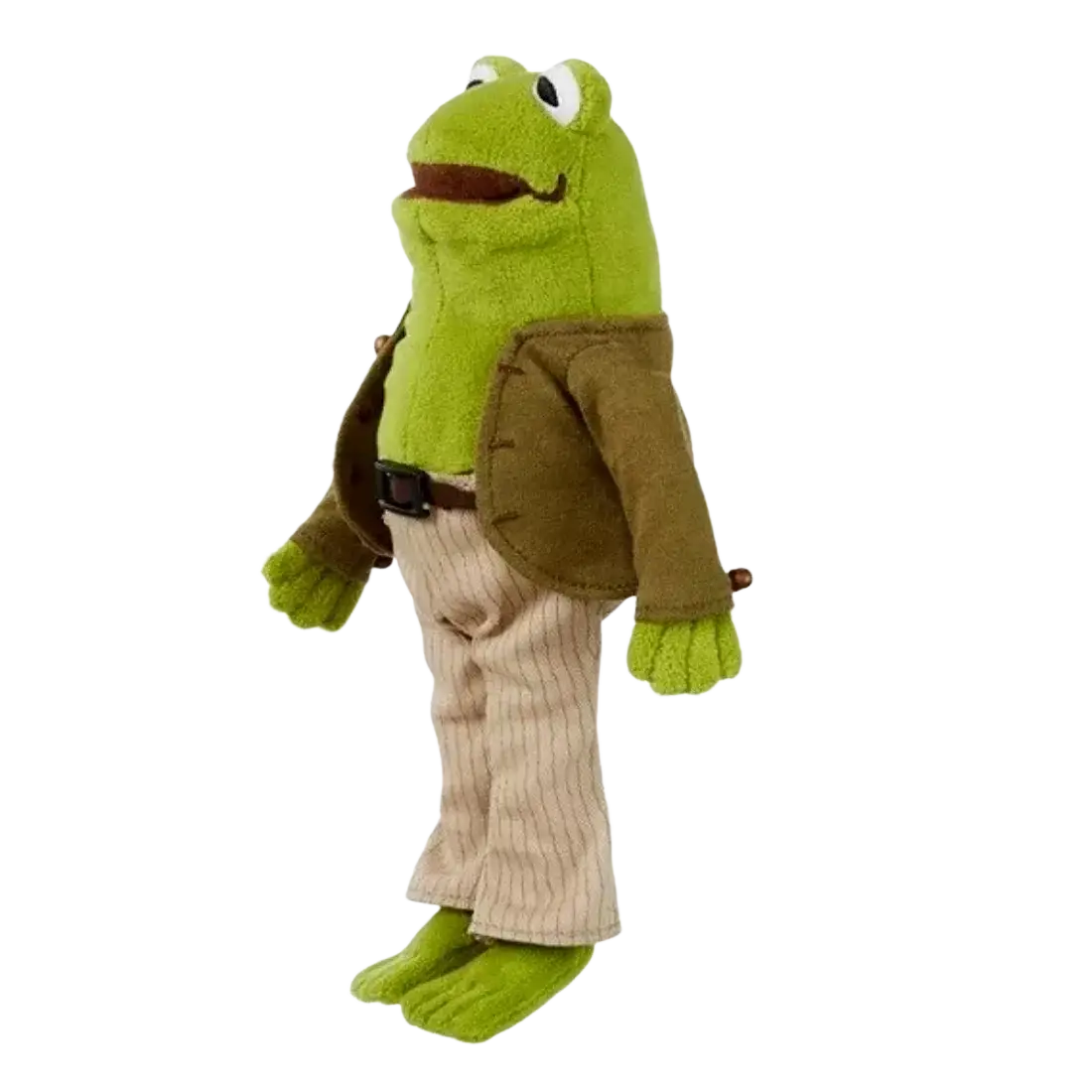 Green plush frog figurine dressed in brown jacket and beige pinstripe pants soft pillow toy for comfort and decor