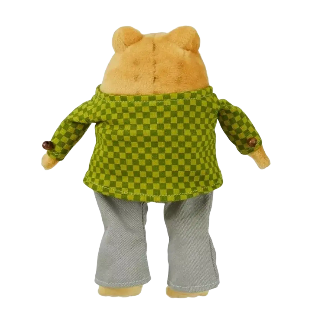 A plush toy bear wearing a green and yellow checkered shirt with brown buttons and gray pants in soft pillow style