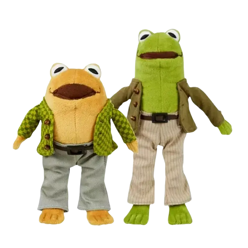 Plush stuffed frog and toad toys in coordinated outfits featuring soft fabric and detailed clothing for decorative use