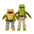 Plush stuffed frog and toad toys in coordinated outfits featuring soft fabric and detailed clothing for decorative use
