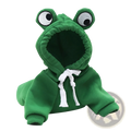 Green plush frog-themed pet hoodie with embroidered eyes and white drawstrings for winter clothes use