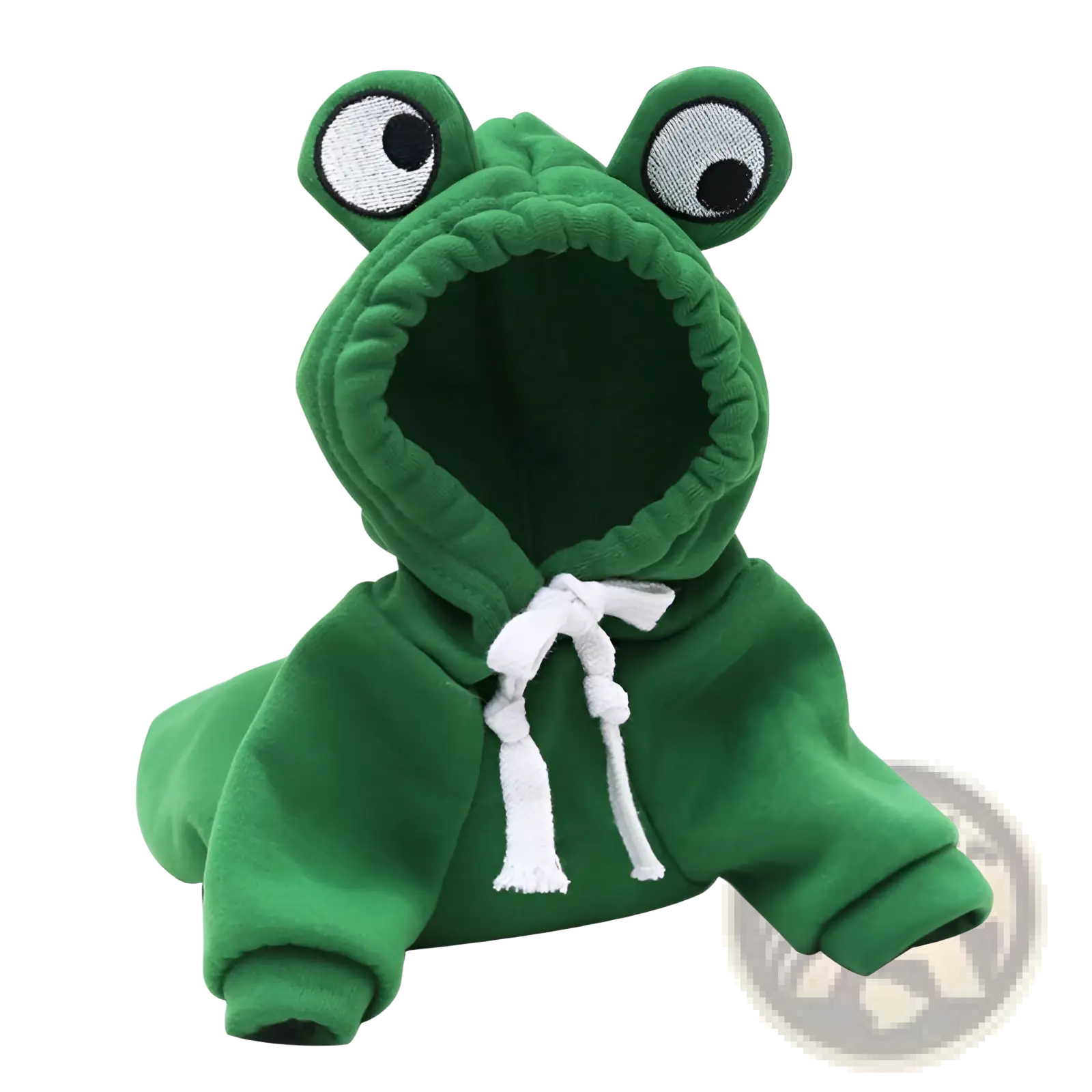 Green plush frog-themed pet hoodie with embroidered eyes and white drawstrings for winter clothes use