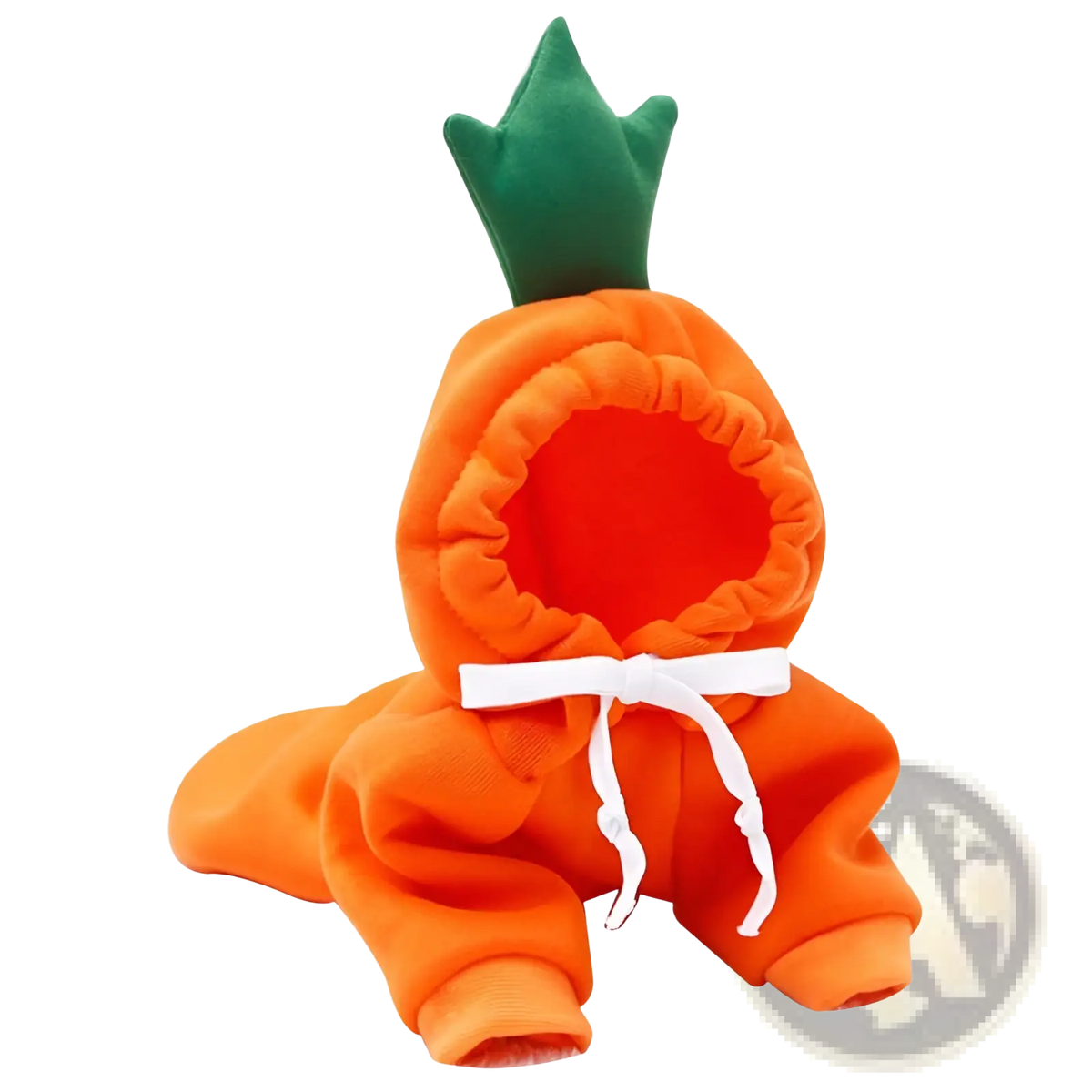 Orange plush carrot-themed pet hoodie with green leafy crown and white drawstring for winter clothes