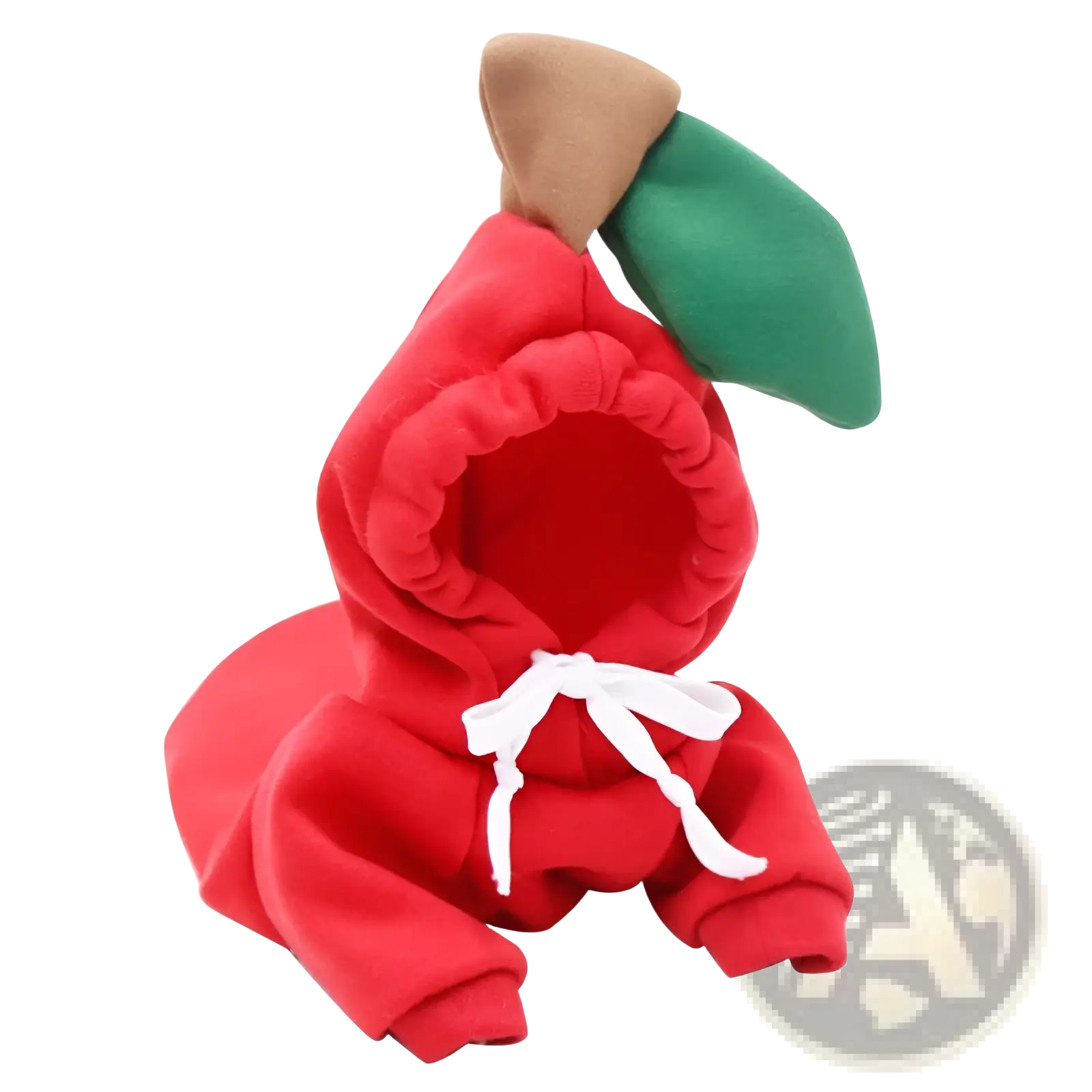 Red apple-themed plush pet hoodie with brown stem green leaf hood and white drawstrings for winter clothes use