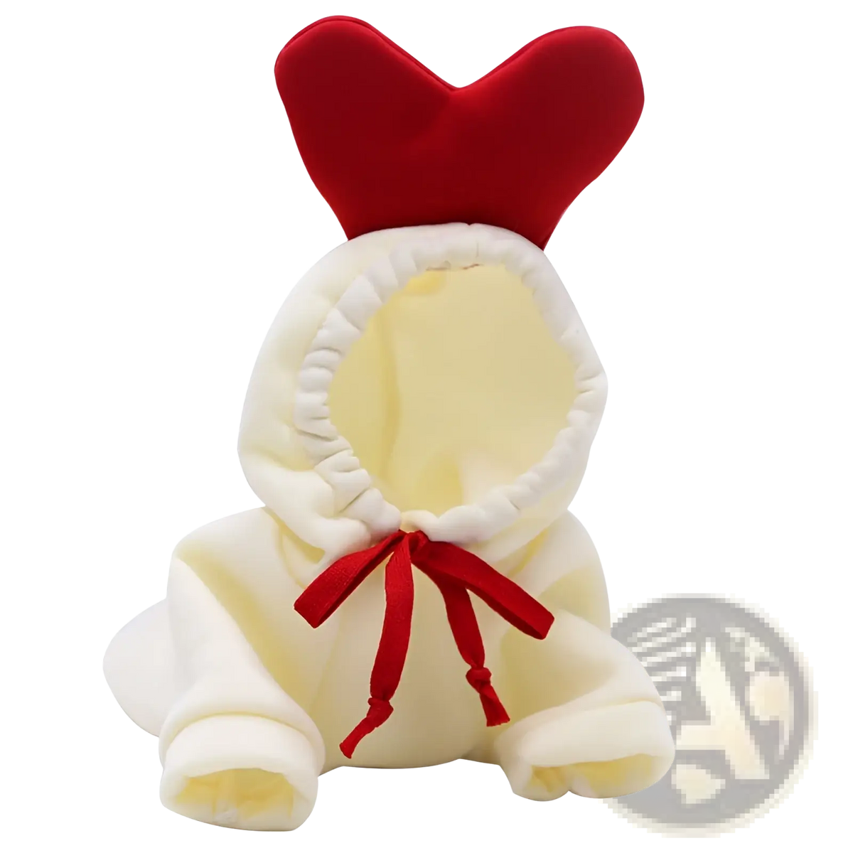 Cream-colored plush bunny pet hoodie with red velvet heart ears and matching red ribbon bow for winter clothes