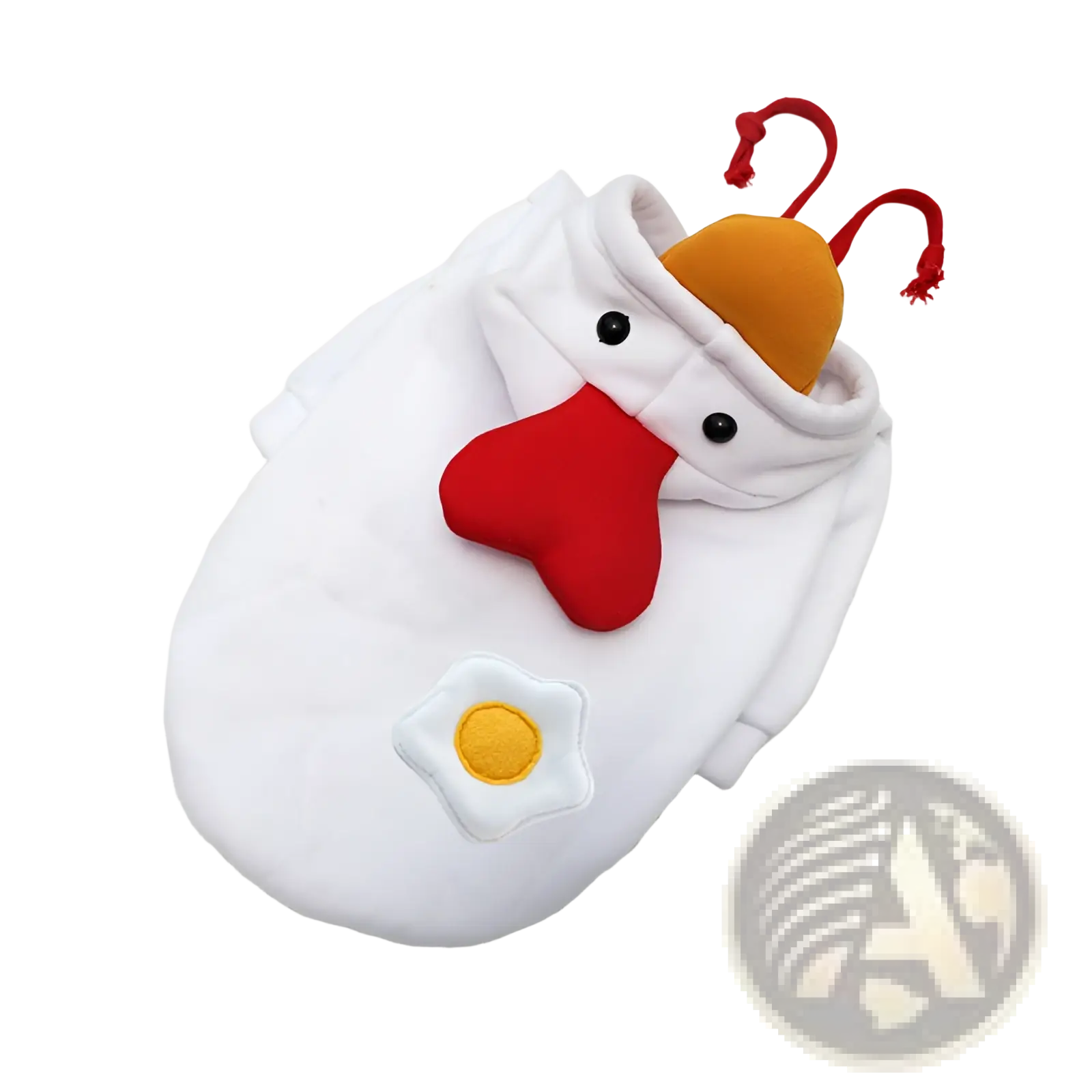 White plush chicken themed pet hoodie with red beak yellow comb and embroidered egg patch for winter use