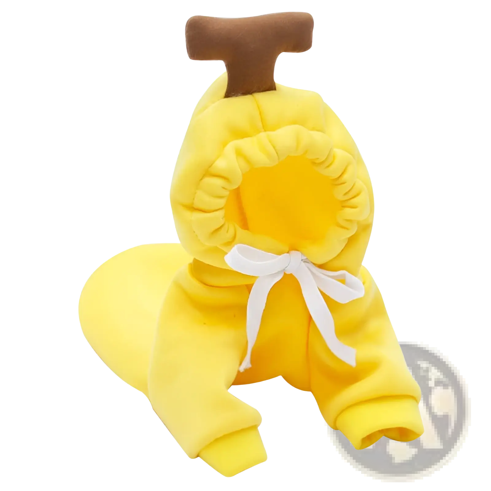 Bright yellow plush banana-themed pet hoodie with brown stem and white ribbon bow for winter clothes