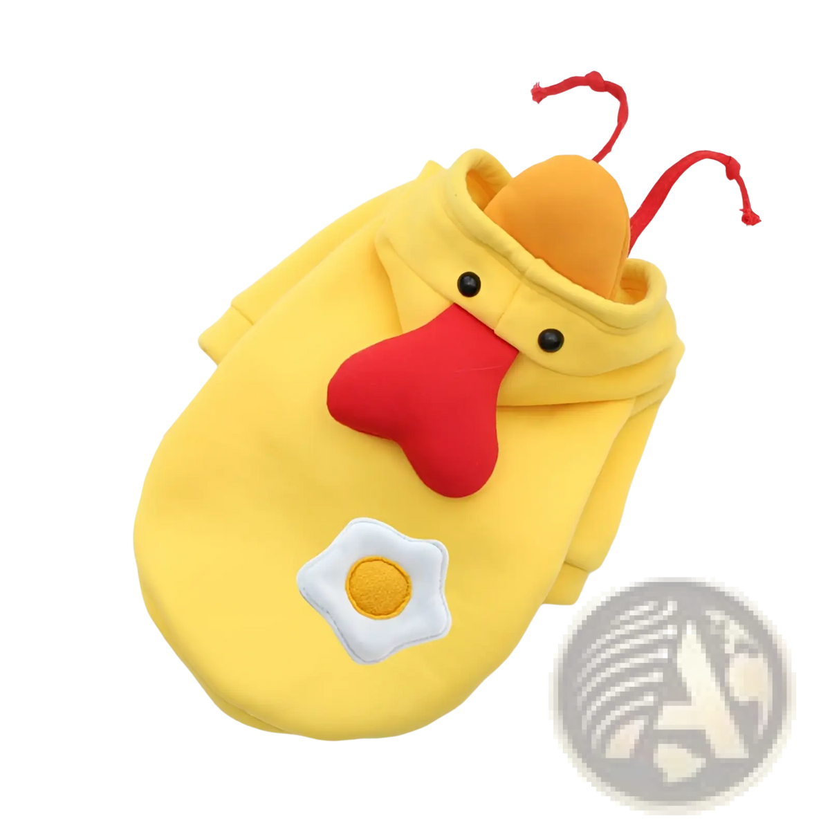 Yellow plush chicken-themed pet hoodie with red beak, black eyes, and white egg patch for winter clothes