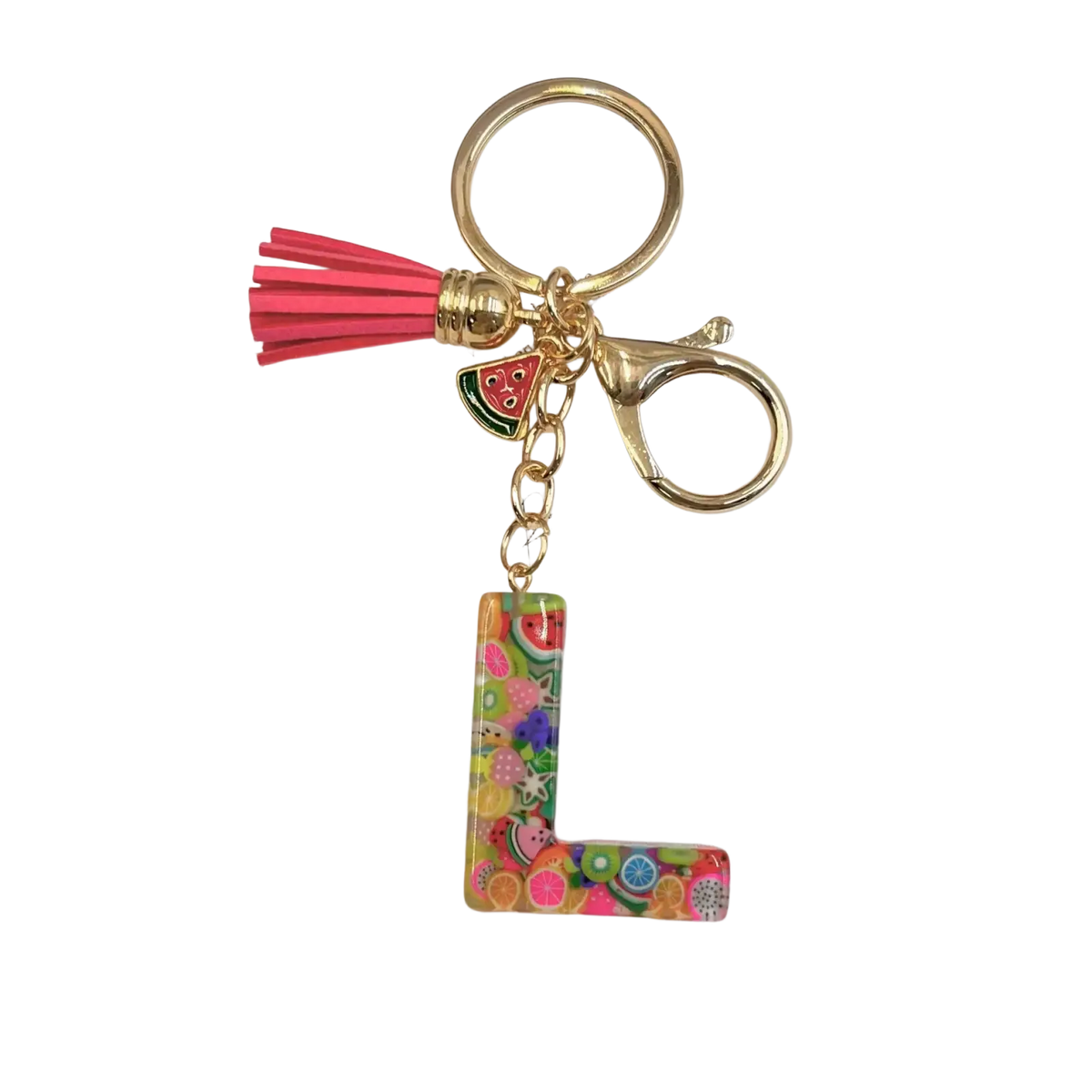 A vibrant translucent acrylic fruit letter l keychain with colorful patterns and gold-tone metal ring and clasp