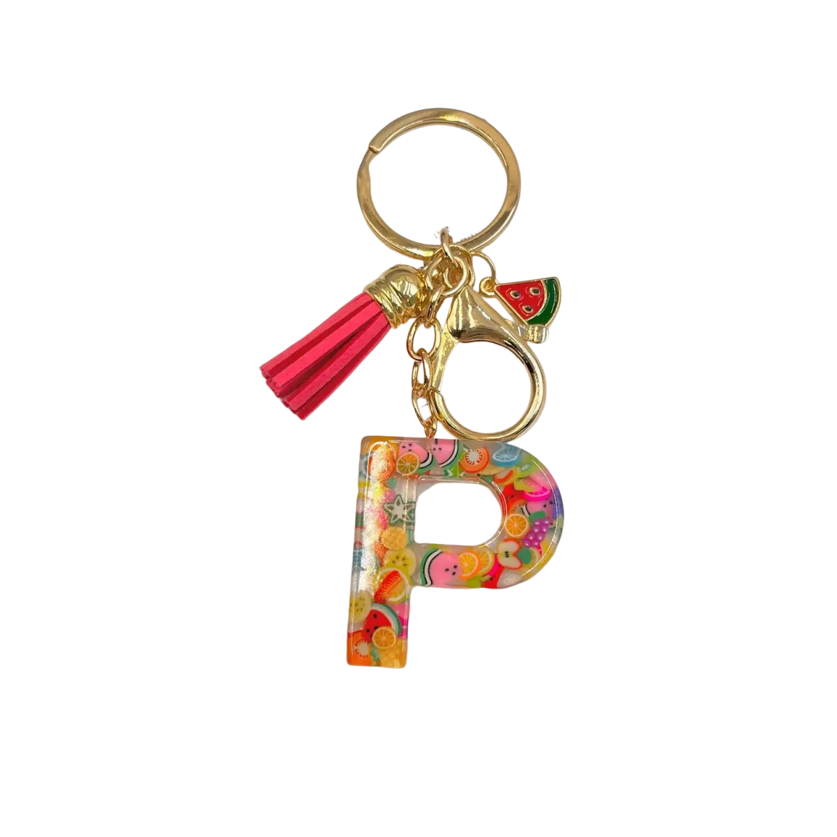 A vibrant translucent resin letter p keychain with colorful fruit patterns gold metal ring and pink tassel