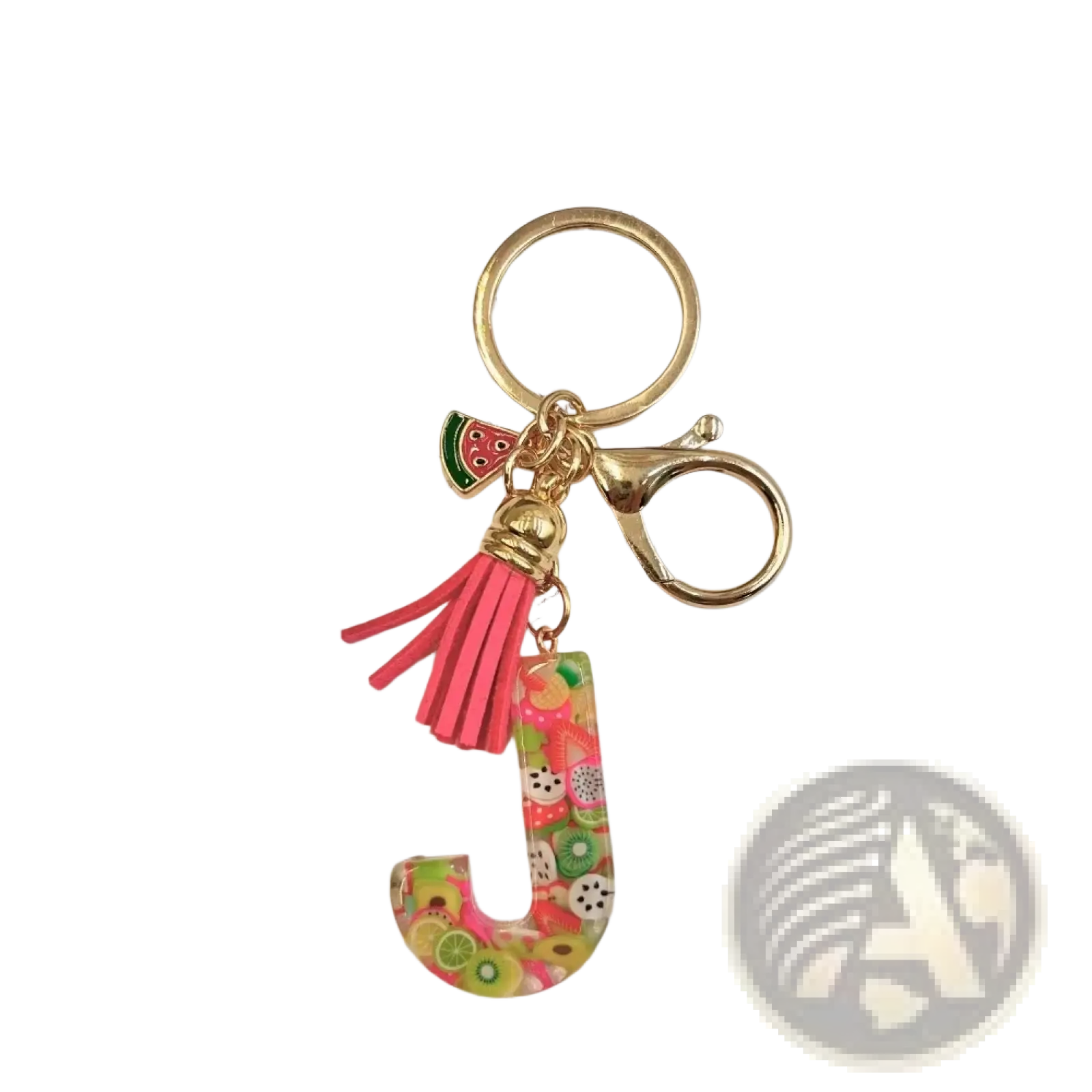 A vibrant translucent resin letter j keychain with colorful fruit slices and a pink tassel for alphabet initials