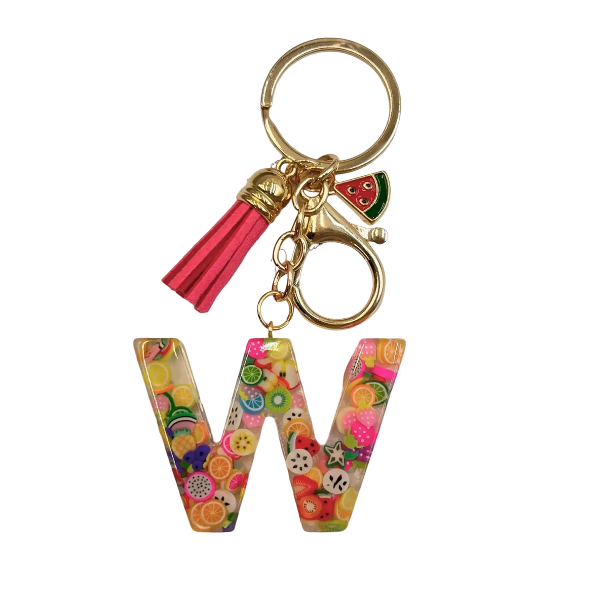 A vibrant transparent resin letter w keychain with colorful fruit slices, pink tassel, and watermelon charm