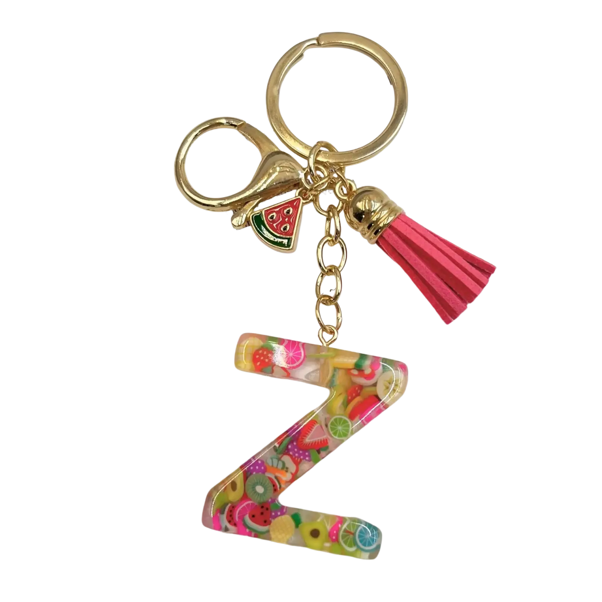 A vibrant translucent resin letter z keychain with colorful fruit slice charms and a pink tassel accessory