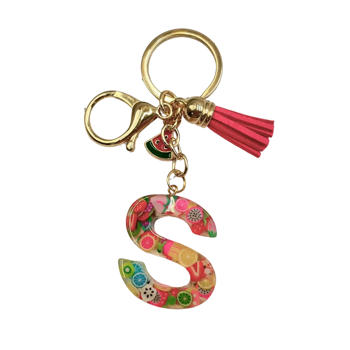 A vibrant translucent resin keychain shaped like letter s with colorful pink green yellow and orange fruit patterns