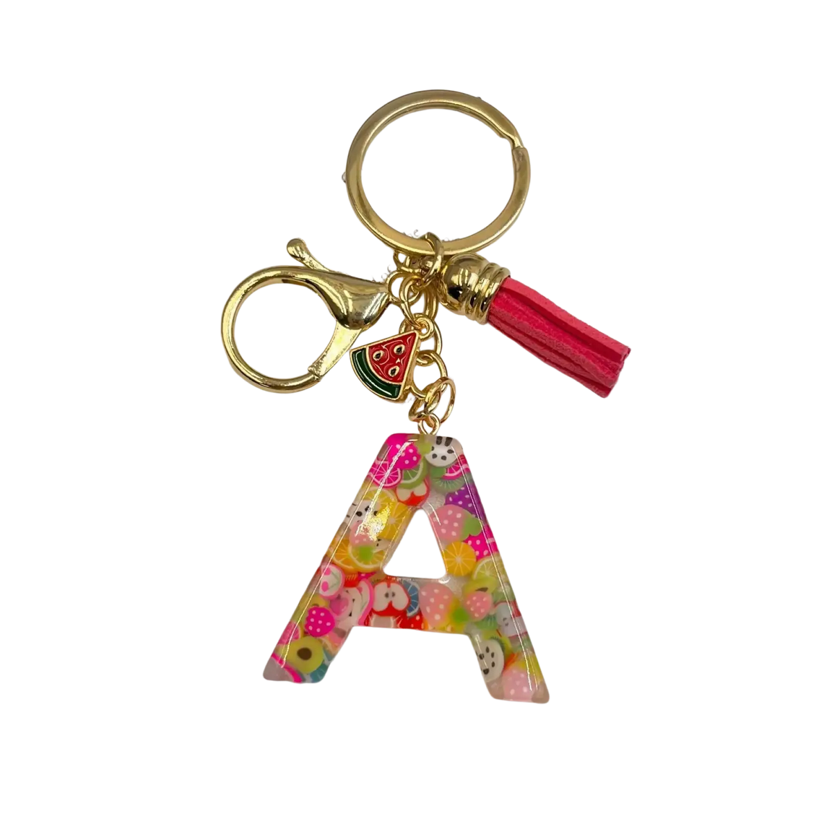 A vibrant transparent resin fruit letter keychain shaped like a colorful candy confetti embedded letter a