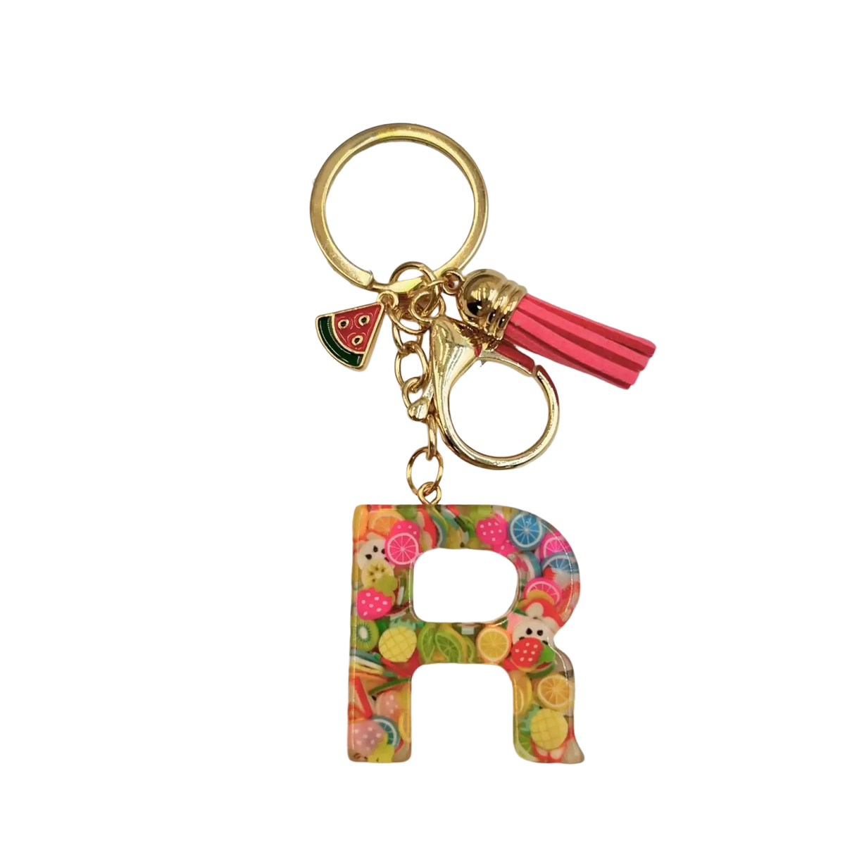 A vibrant translucent resin keychain shaped like letter r with colorful fruit and candy motifs in a glossy finish