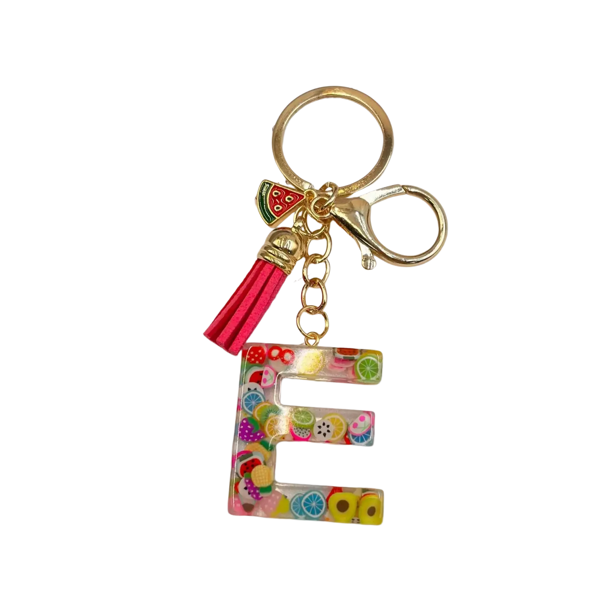 A vibrant transparent resin keychain letter e with colorful fruit slices gold metal ring and pink tassel fruit letter key ring