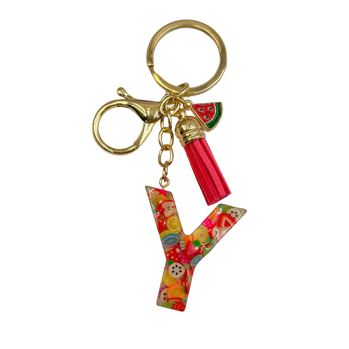 A vibrant translucent resin letter y keychain with colorful fruit patterns and a red tassel from Fruit Letter Resin Keychain Initial Alphabet Key Ring