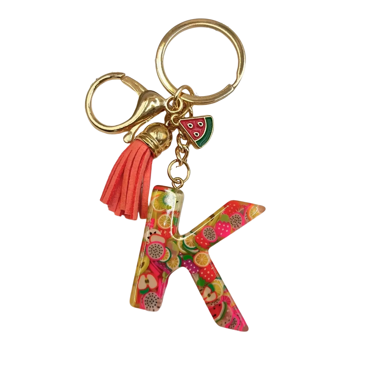 A vibrant translucent acrylic letter k fruit pattern keychain with gold metal accents for alphabet key ring use