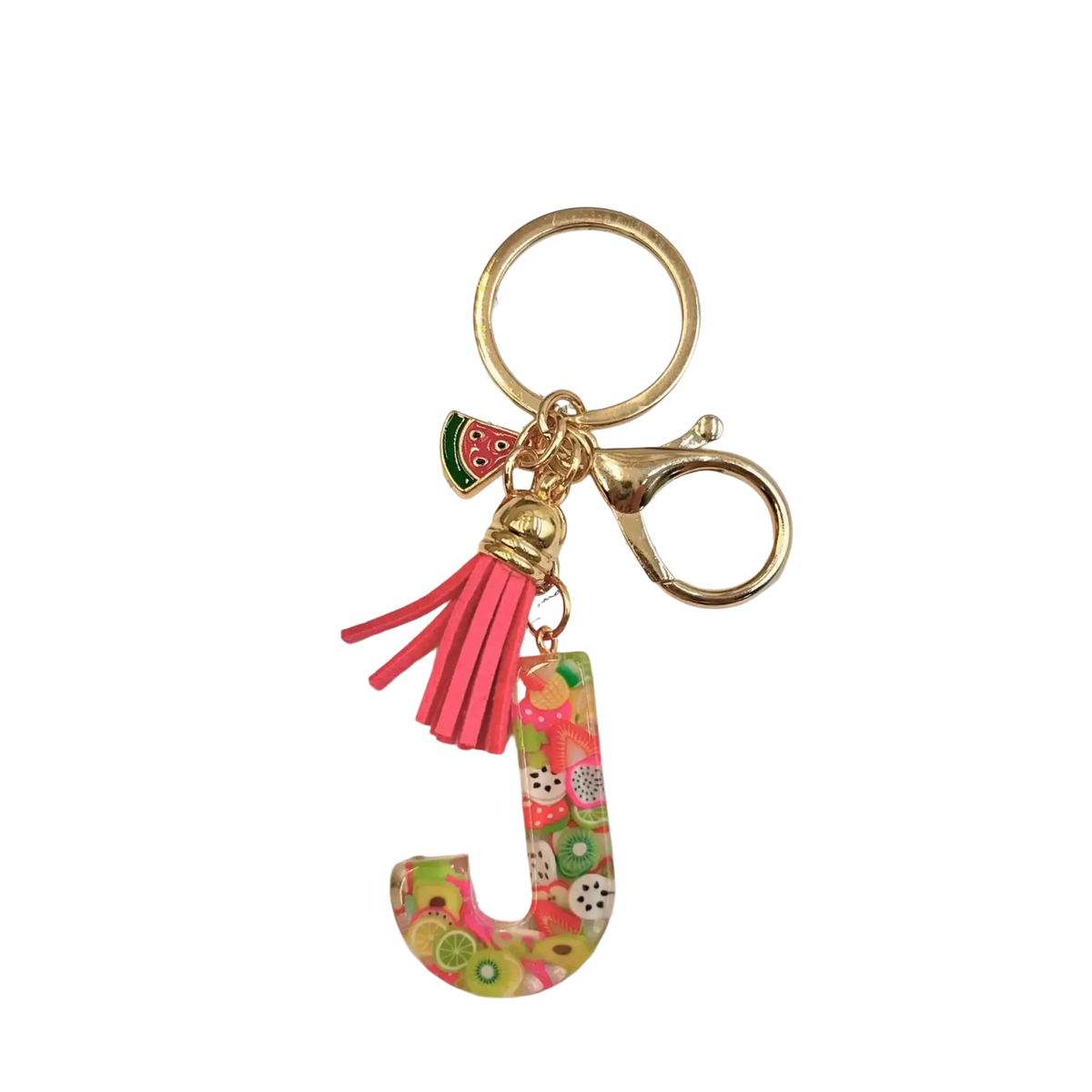 A vibrant translucent resin keychain shaped like letter j with colorful fruit patterns and a pink tassel