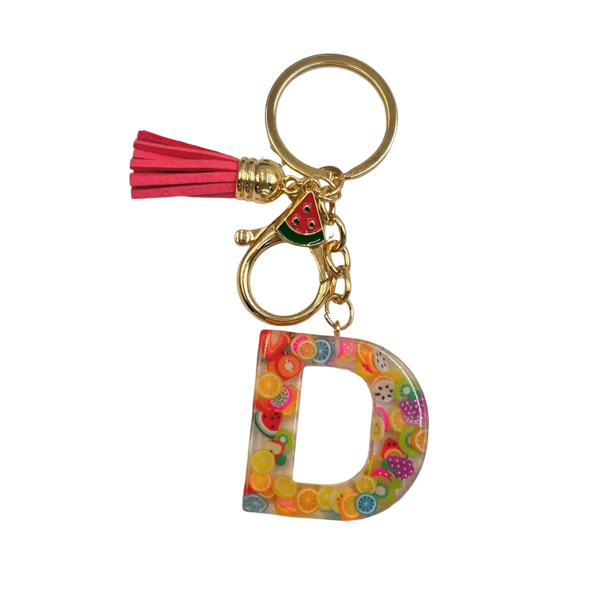 A vibrant transparent acrylic fruit letter d keychain with colorful fruit slice charms gold ring and pink tassel
