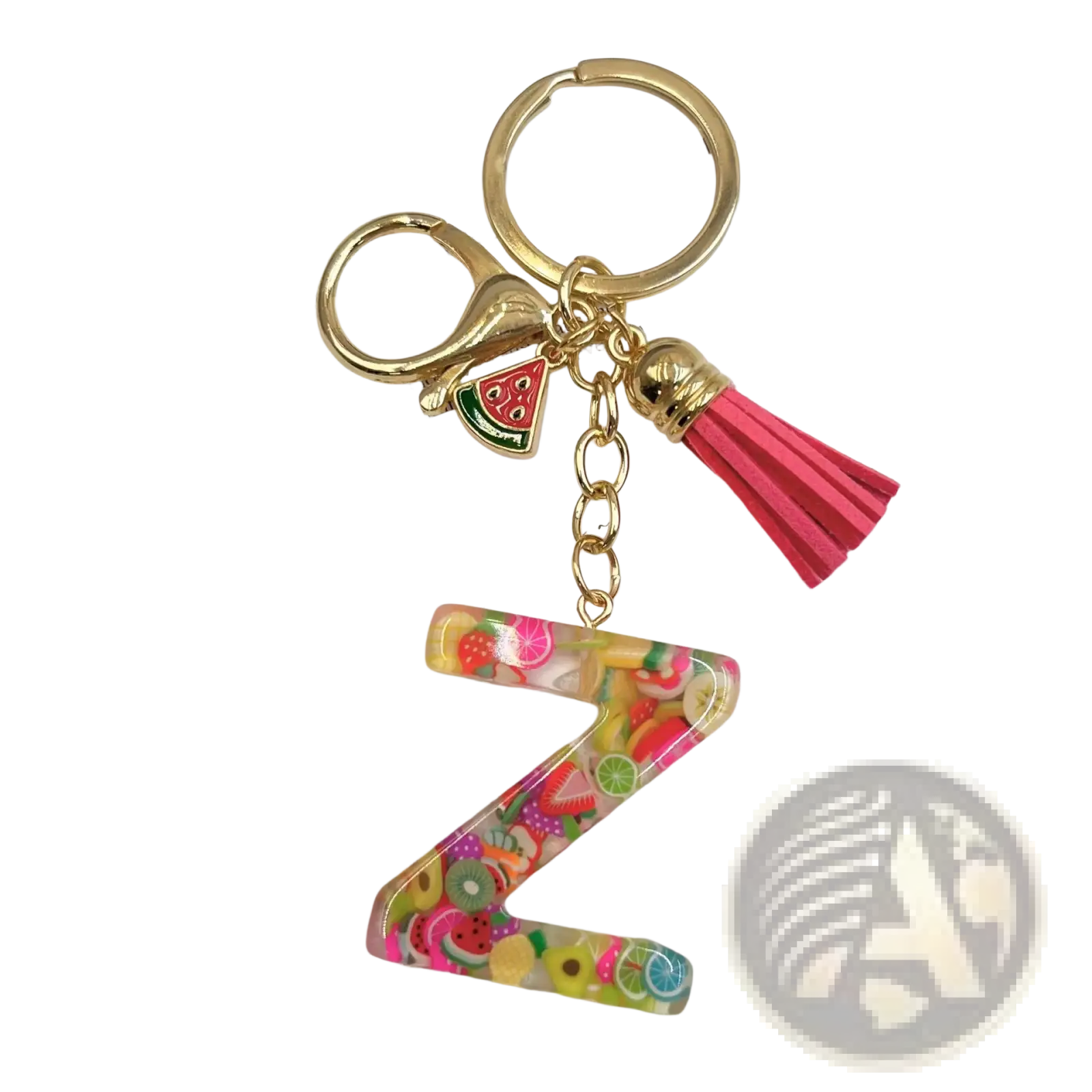 A vibrant translucent resin letter z keychain with colorful fruit slice charms and a pink tassel accessory