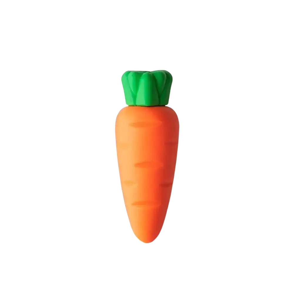 Orange carrot-shaped eraser with green leafy top from fruit pencil erasers cute student stationery set
