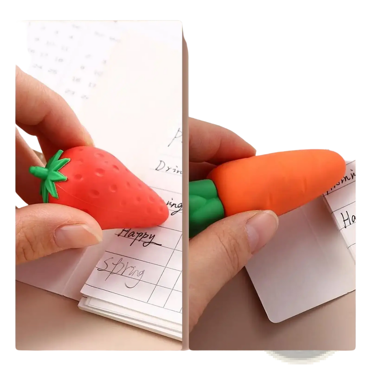 Fruit pencil erasers set featuring red strawberry and orange carrot shapes with green leafy tops for student stationery use
