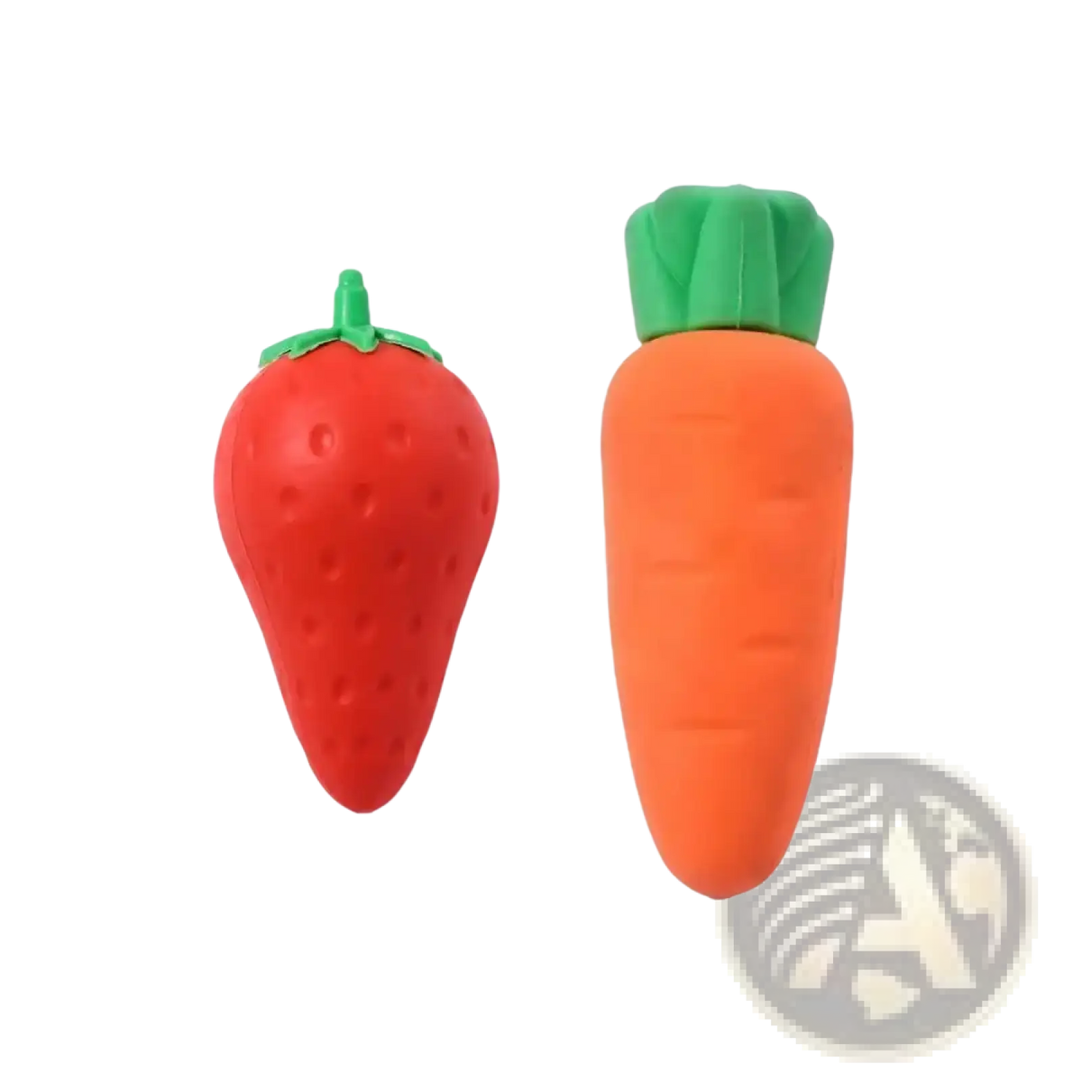 Fruit pencil erasers set featuring red strawberry and orange carrot shapes with green tops for student stationery use